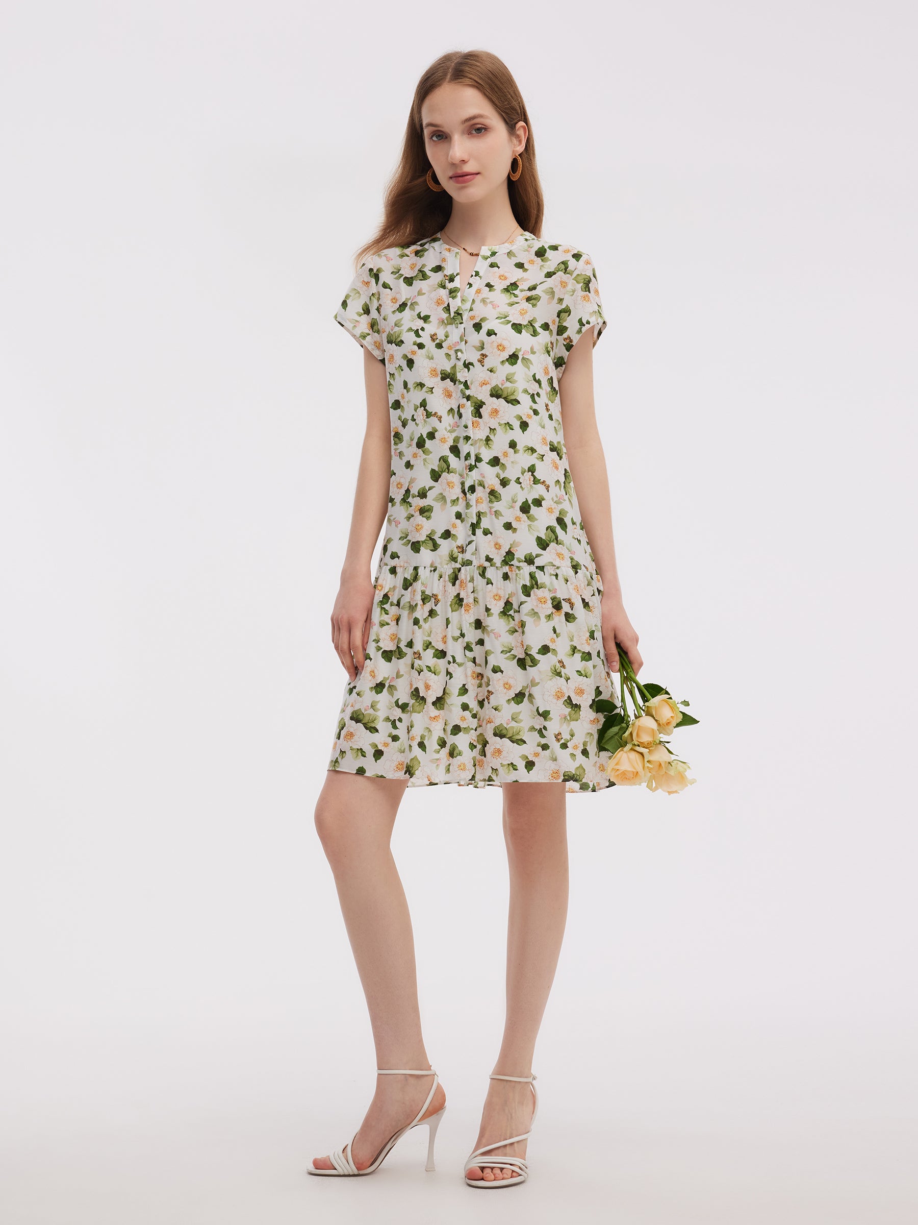 Acetate Blend Floral Print Ruffle Hem Women Mini Dress With Slip Dress