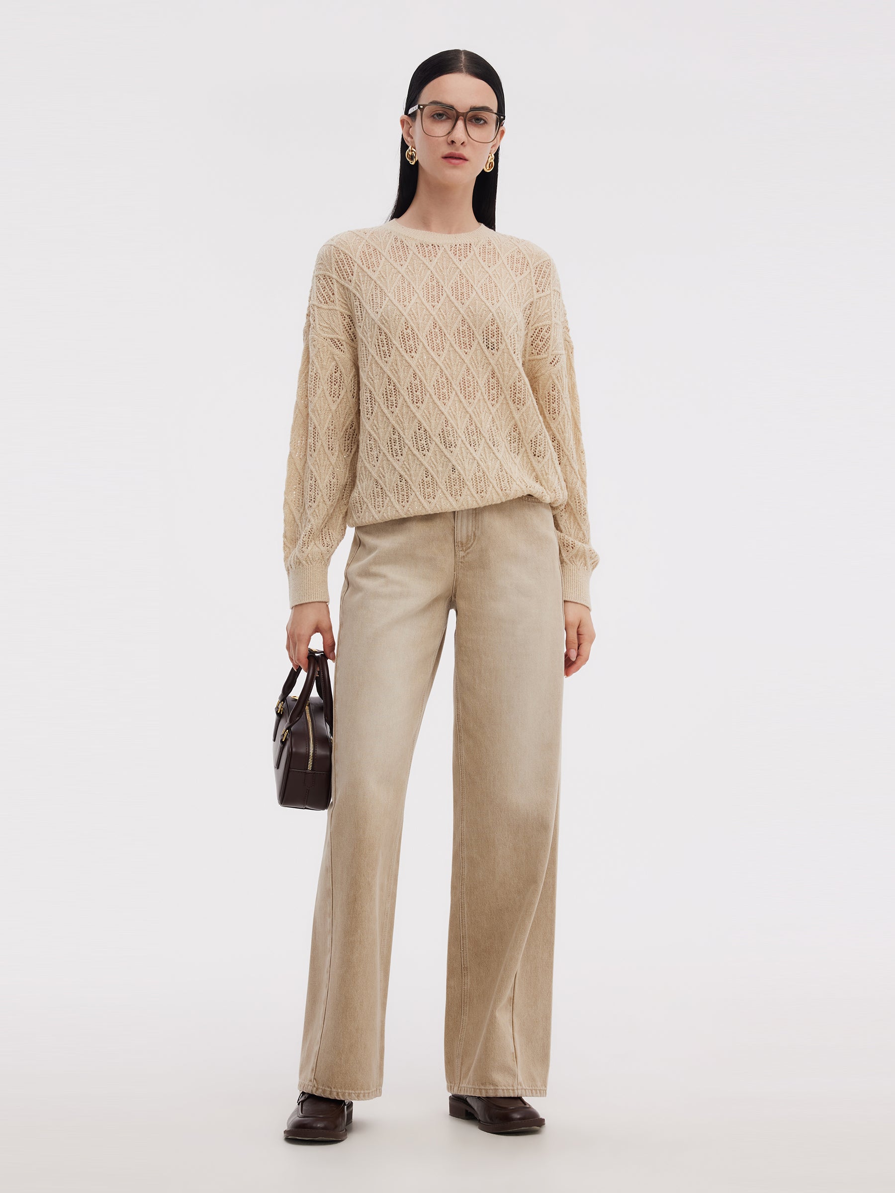 Wool Blend Sequins Women Openwork Sweater