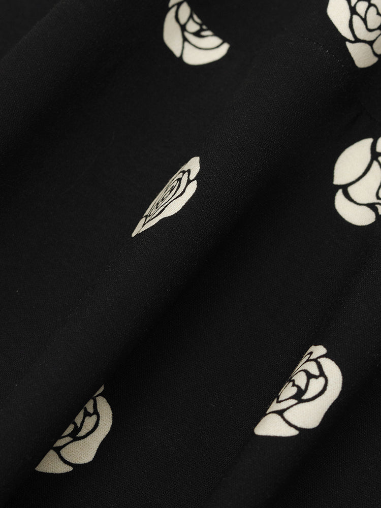 Rose Print Puff Sleeves Women Qipao Mini Dress