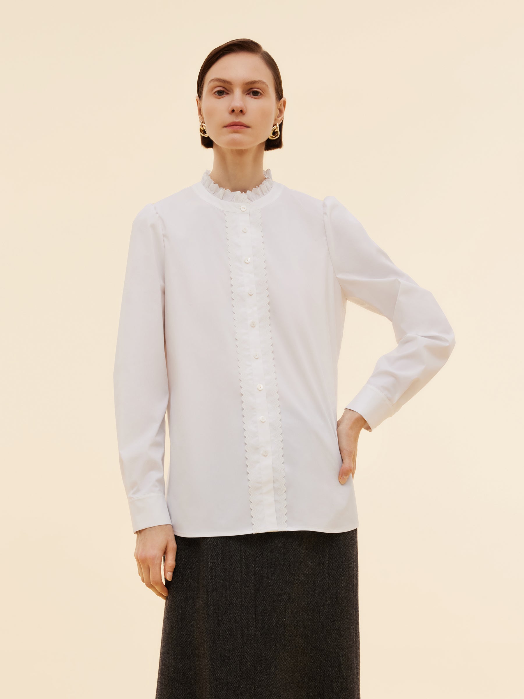 Ruffle Collar Embroidered Placket Women Shirt