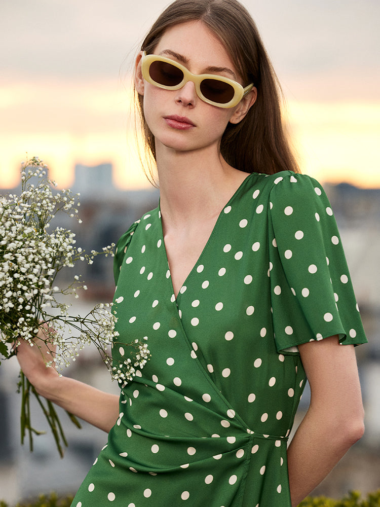 19 Momme Mulberry Silk Polka Dots Print Ruffle Women Mini Dress With Scrunchie