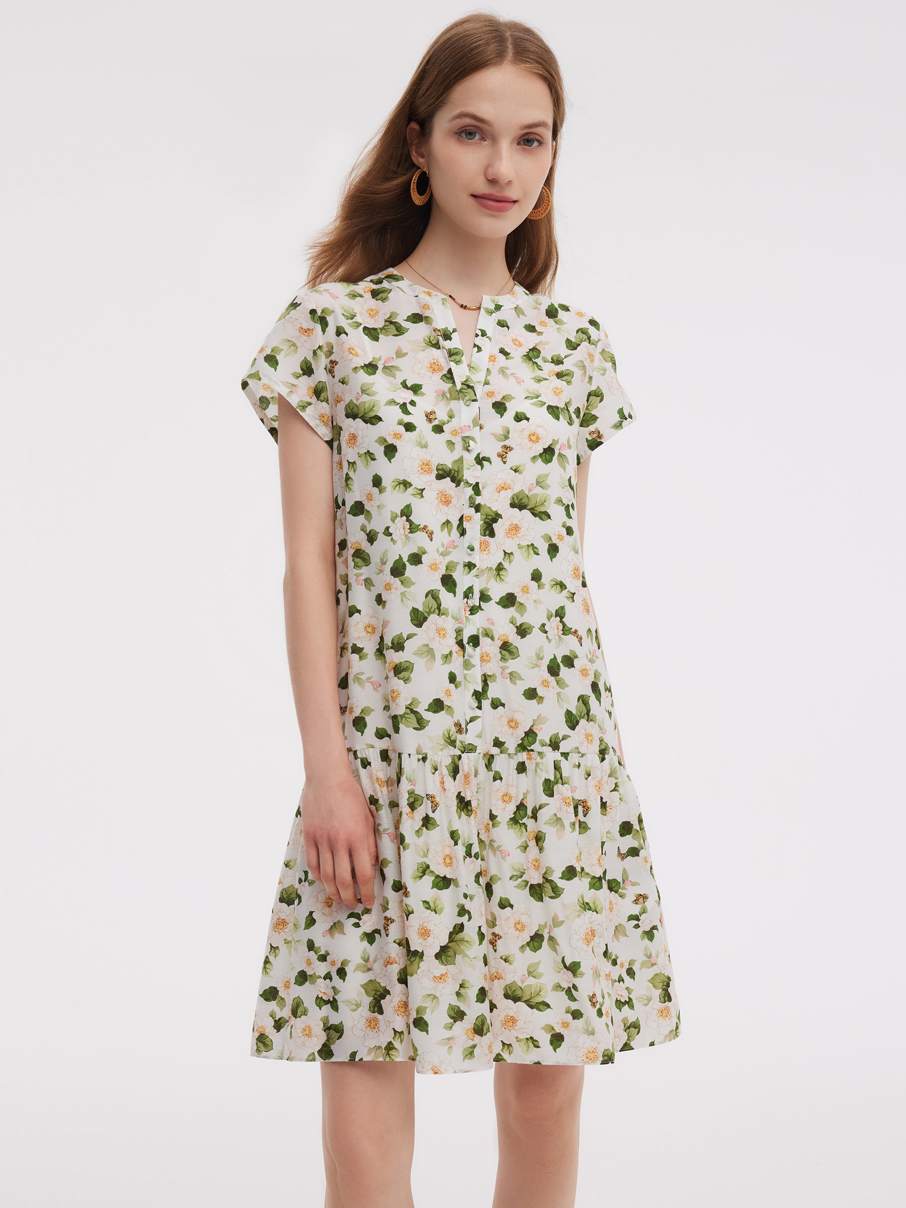 Acetate Blend Floral Print Ruffle Hem Women Mini Dress With Slip Dress