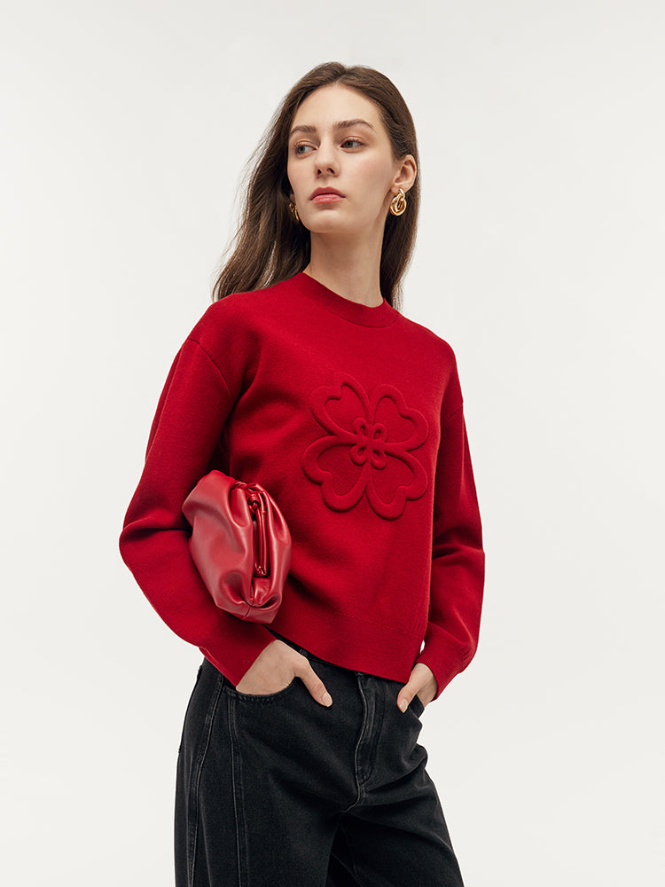 Tencel Wool Blend Four-Leaf Clover Embossed Women Sweater