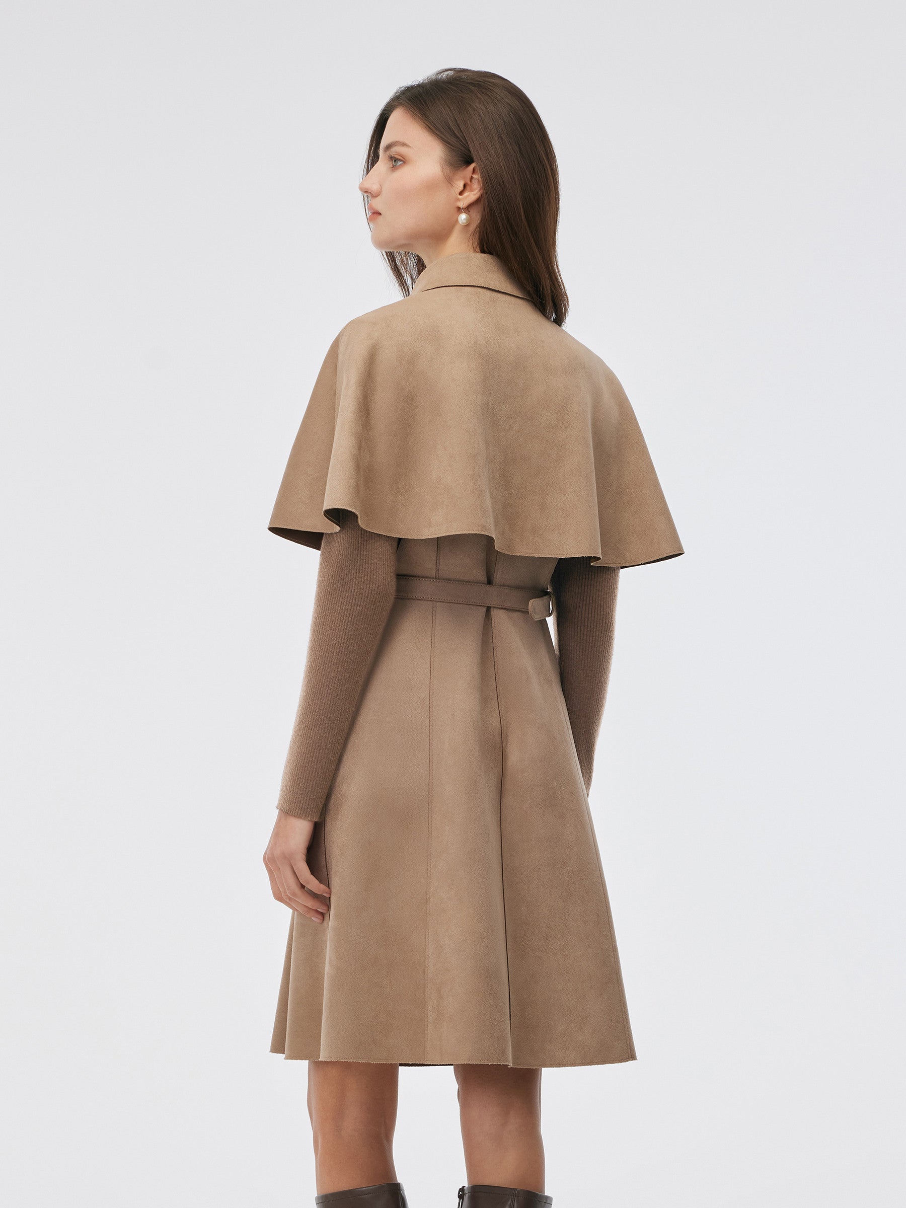 Faux Suede Patchwork Mini Dress With Detachable Short Cape And Belt