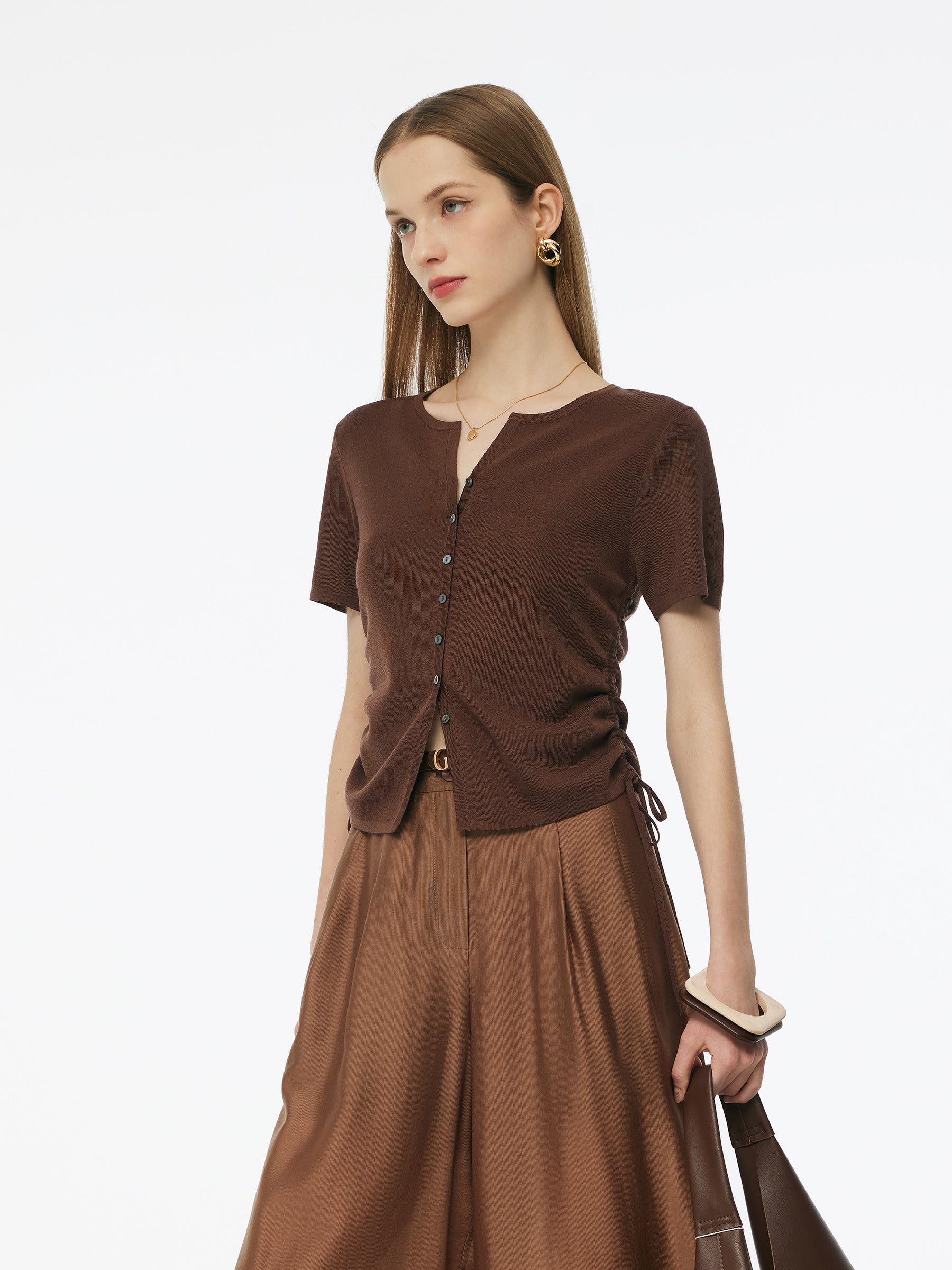 Acetate Tencel Blend Side Drawstring Women Knit Top