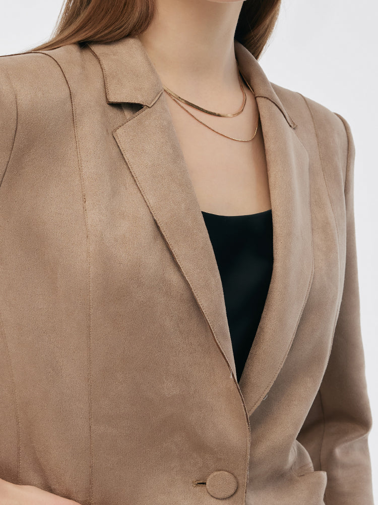 Faux Suede One Button 3/4 Sleeve Women Blazer