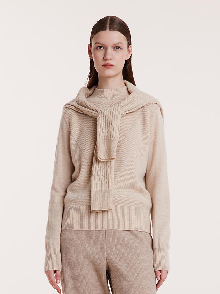 Beige Pure Cashmere Mock Neck Women Sweater