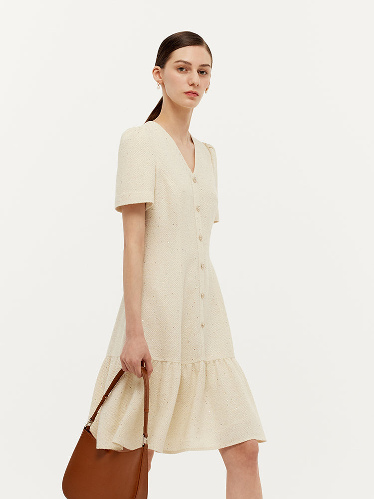 Tweed Sequins V-Neck Ruffle Hem Women Mini Dress