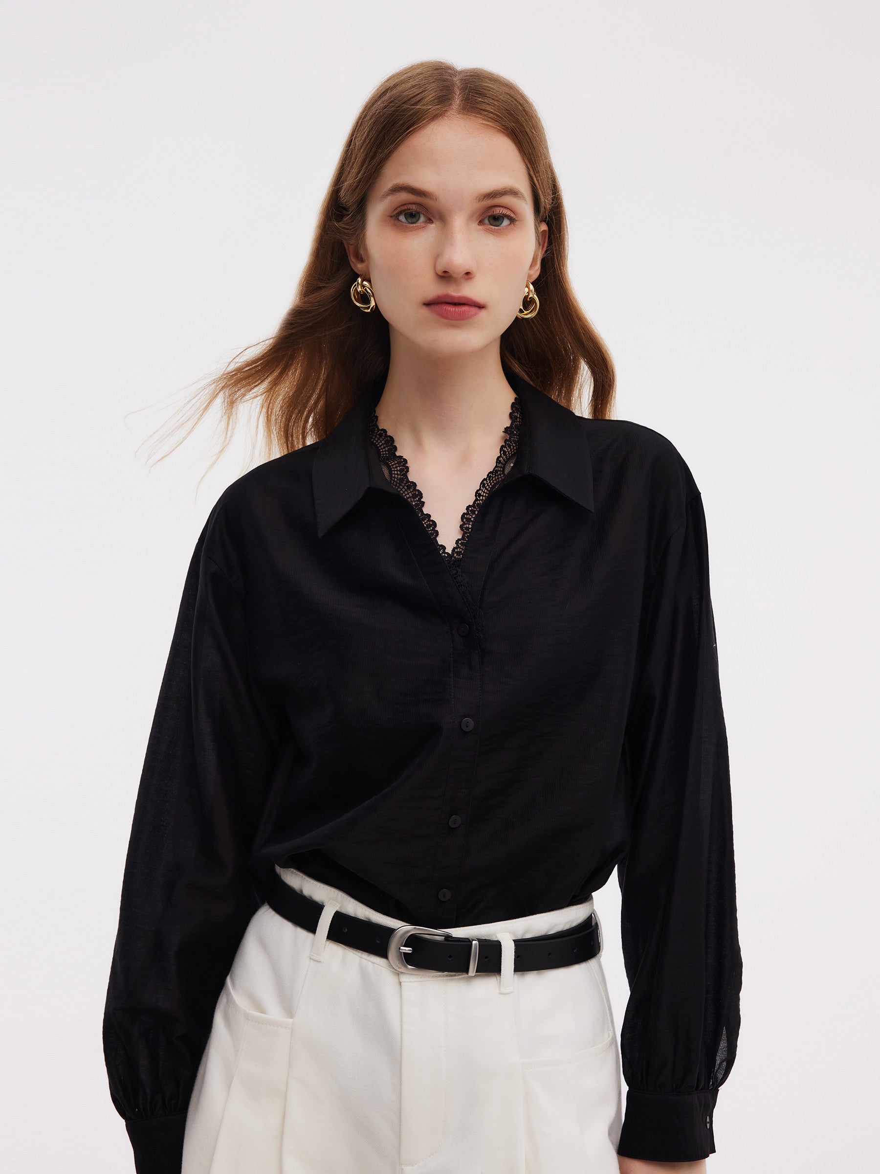 Tencel Blend Lace V-Neck Women Mock Layered Shirt