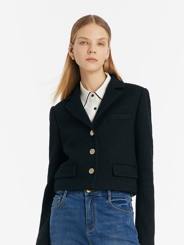 Vintage Single-Breasted V-Neck Women Crop Jacket