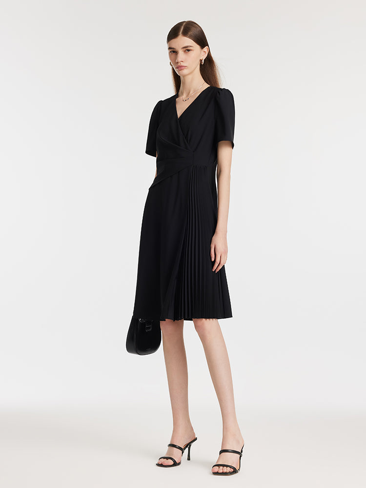 V-Neck Patchwork Pleated Women Mini Dress