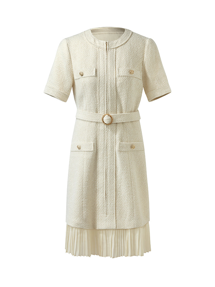 Wool Blend Tweed Women Mini Dress With Belt