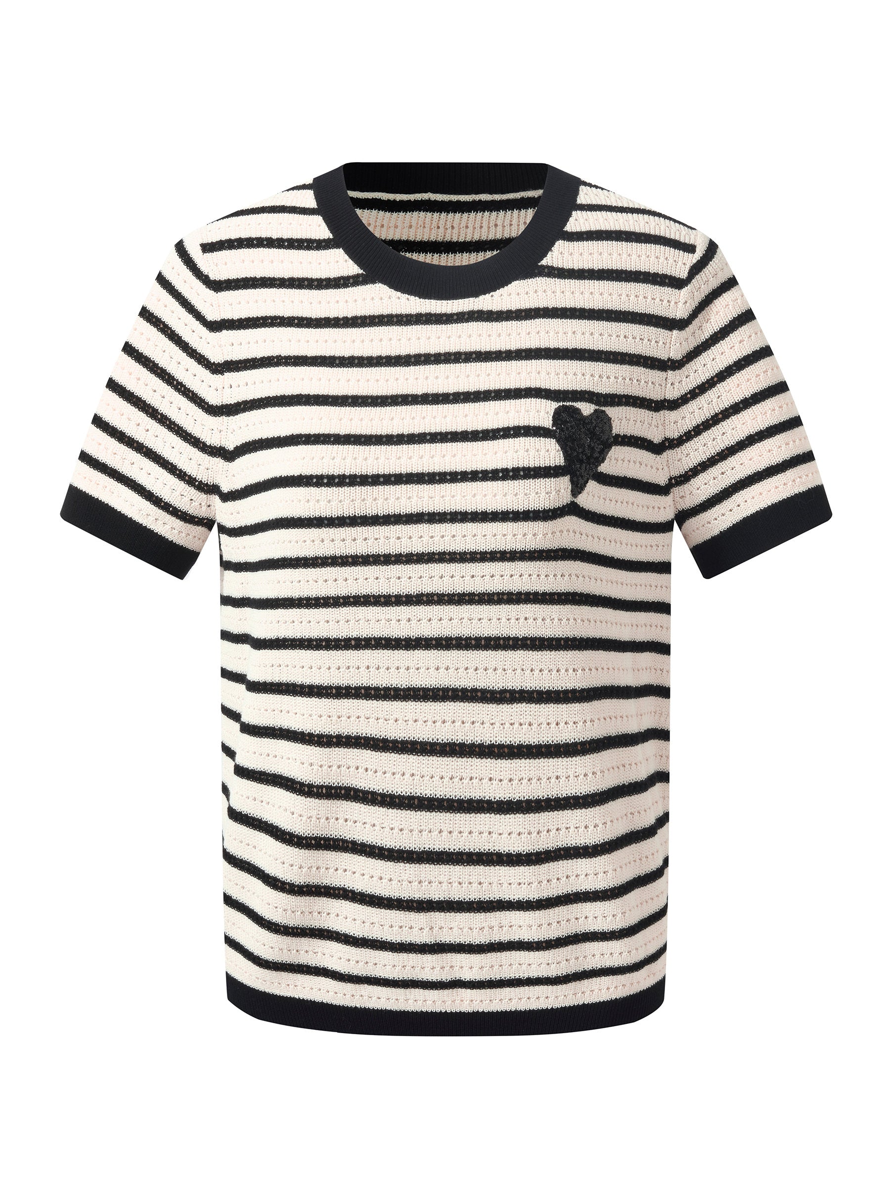 100% Cotton Stripe Women Openwork Knit T-Shirt