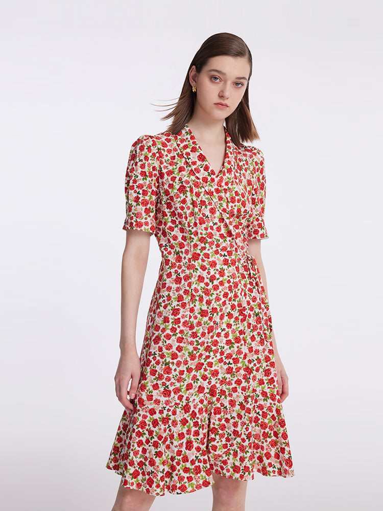 Rose Print Wrapped Ruffle Women Mini Dress