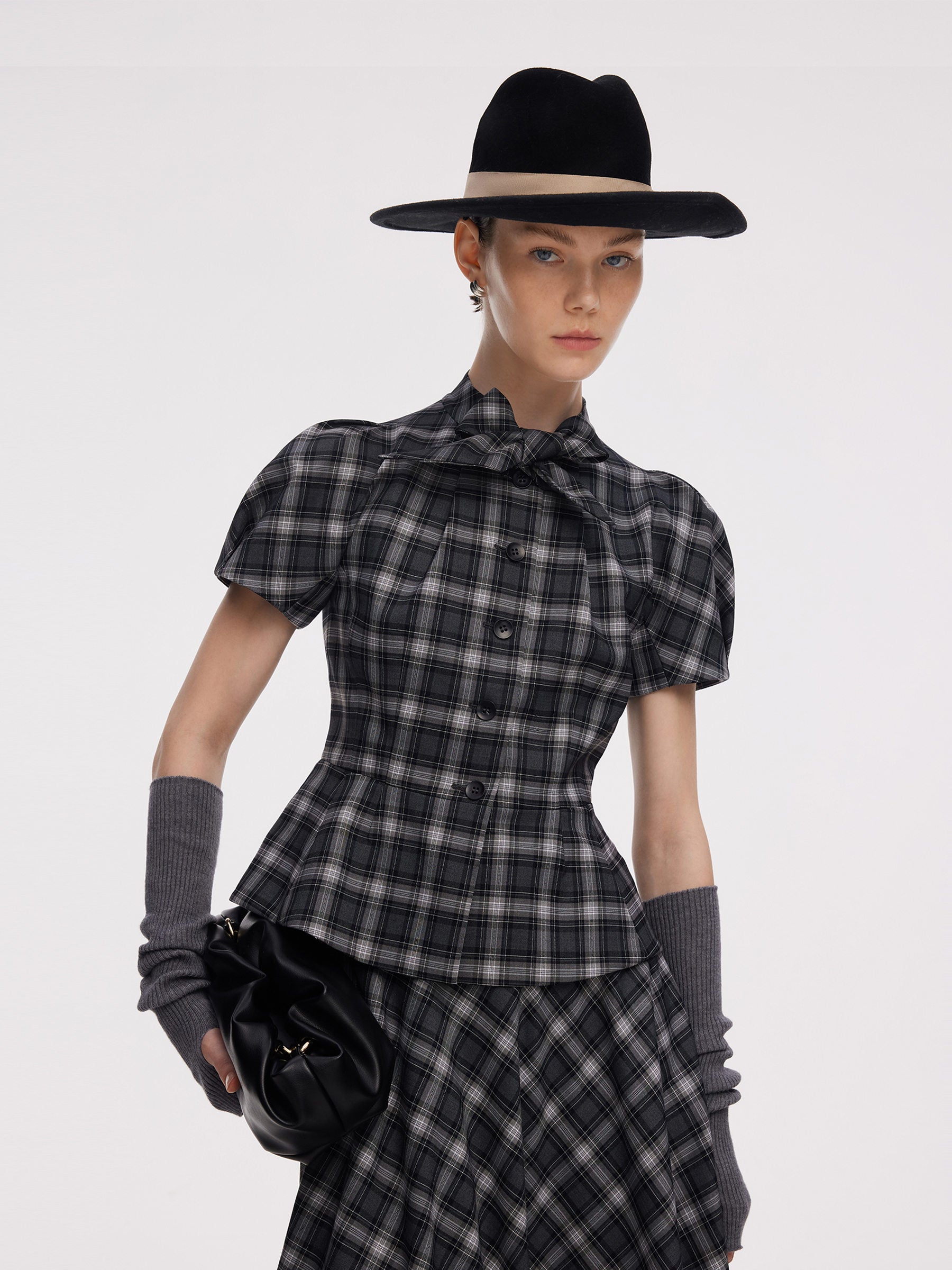 Plaid Ribbon Tie Women Flare Hem Top