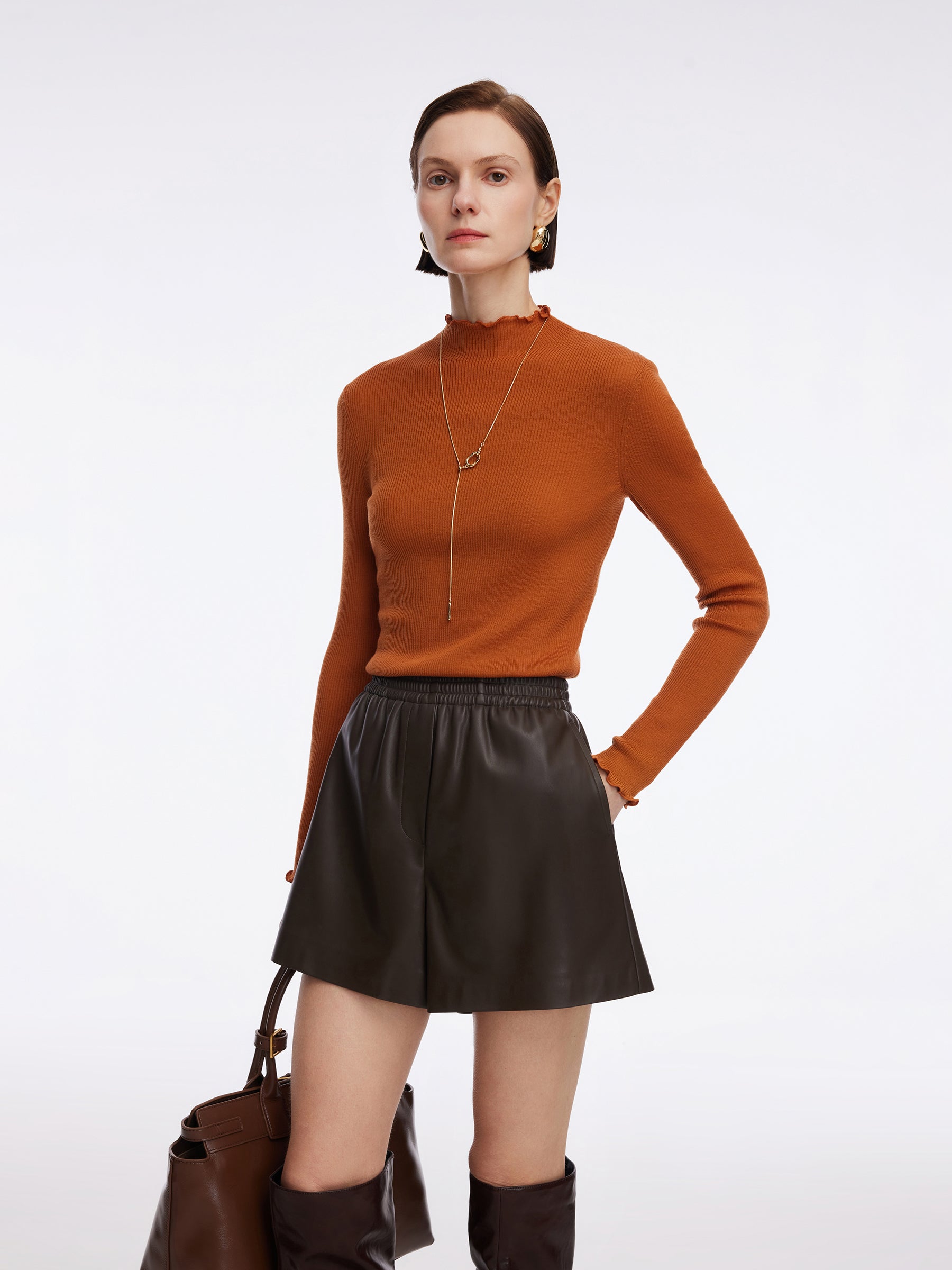 100% Machine Washable Wool Ruffle Mock Neck Women Knit Top