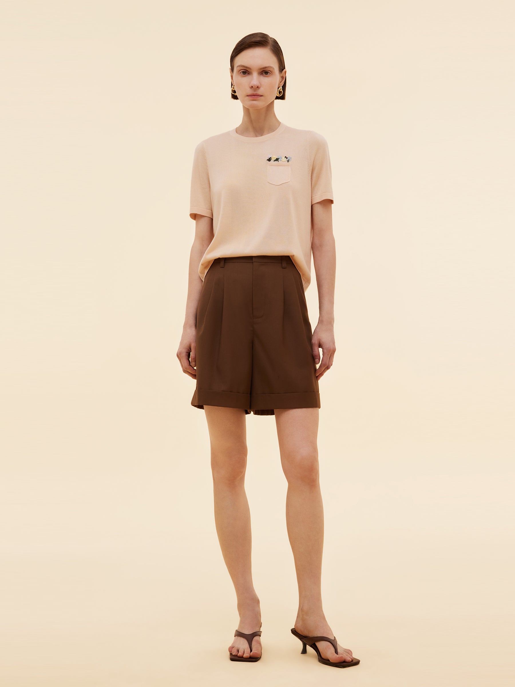 Tencel Acetate Blend Floral Embroidered Women Knit T-Shirt