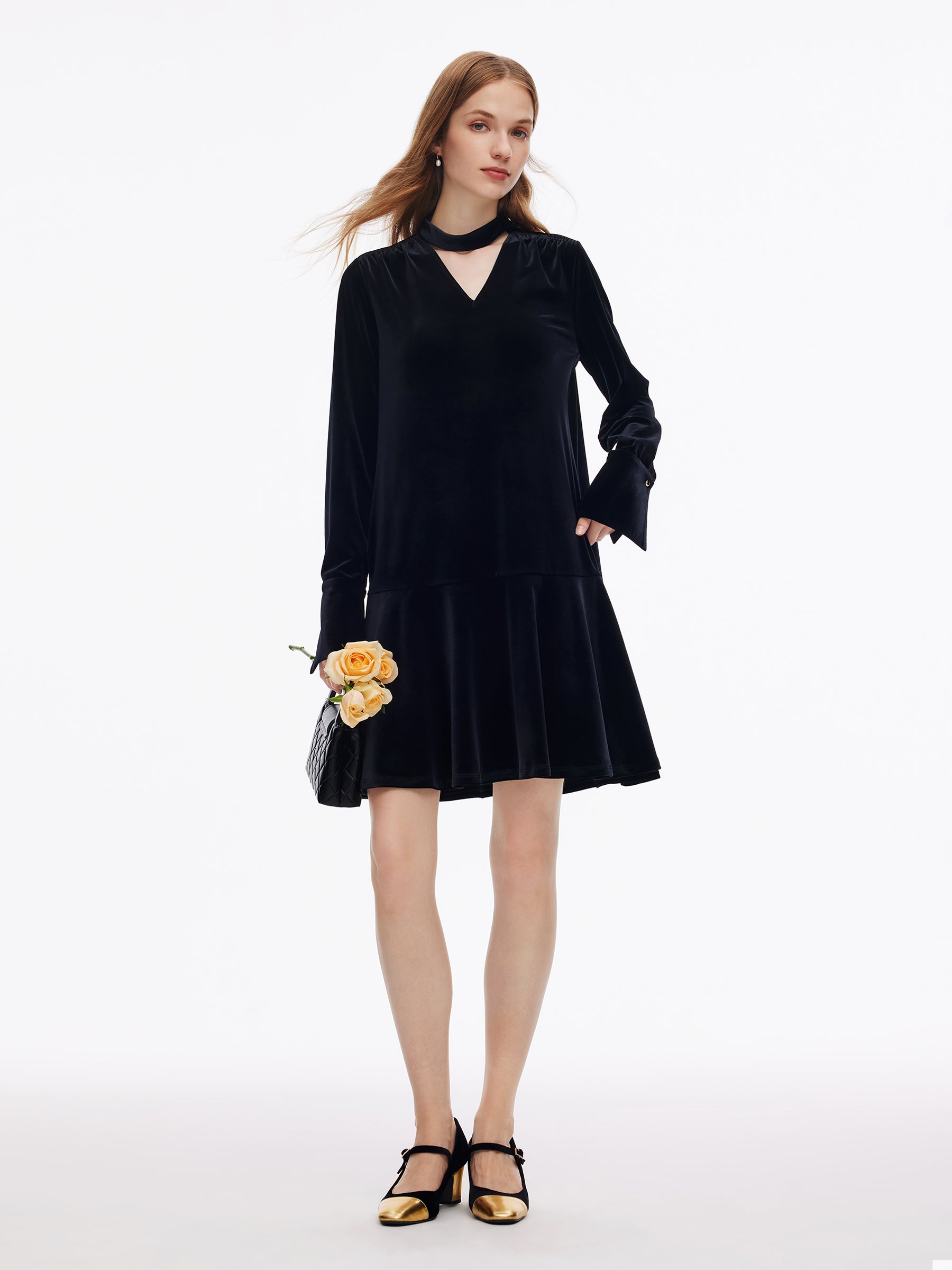 Velvet Ribbon V-Neck Ruffle Hem Women Mini Dress