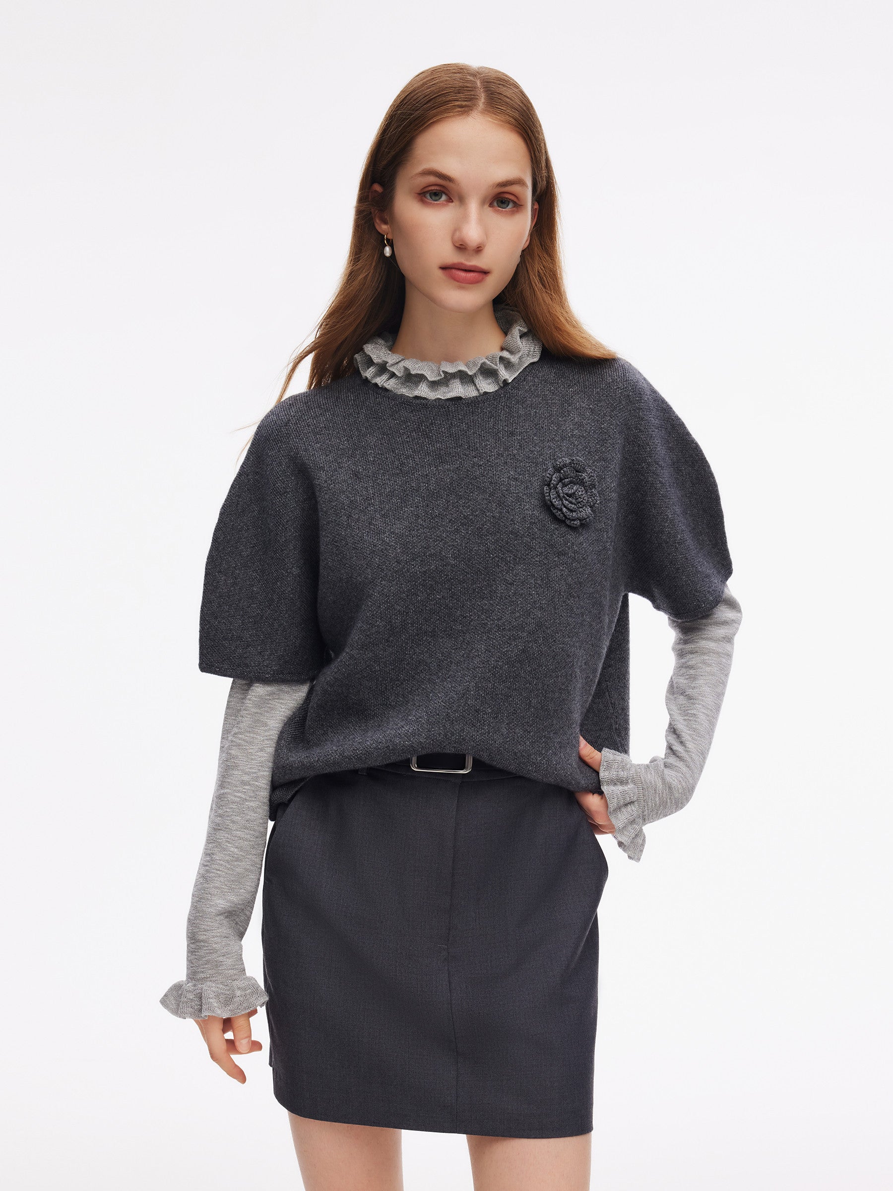 Wool Blend Women Knit Top With Detachable Brooch