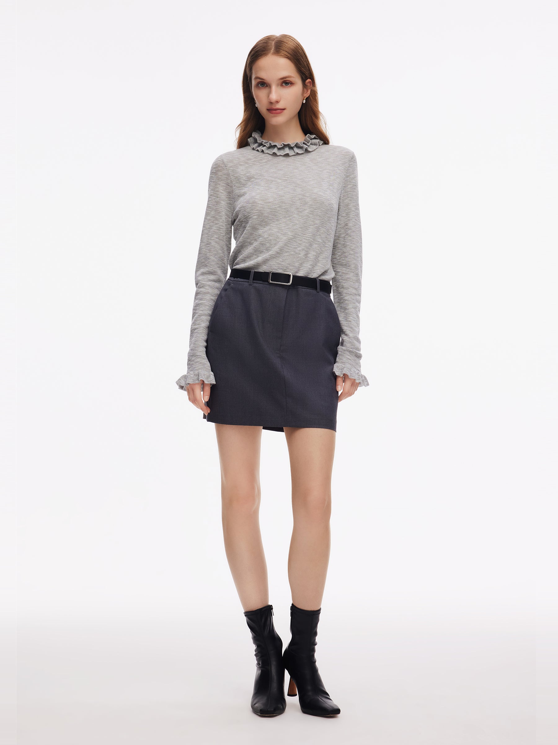 Ruffle Neckline Women Knit Top