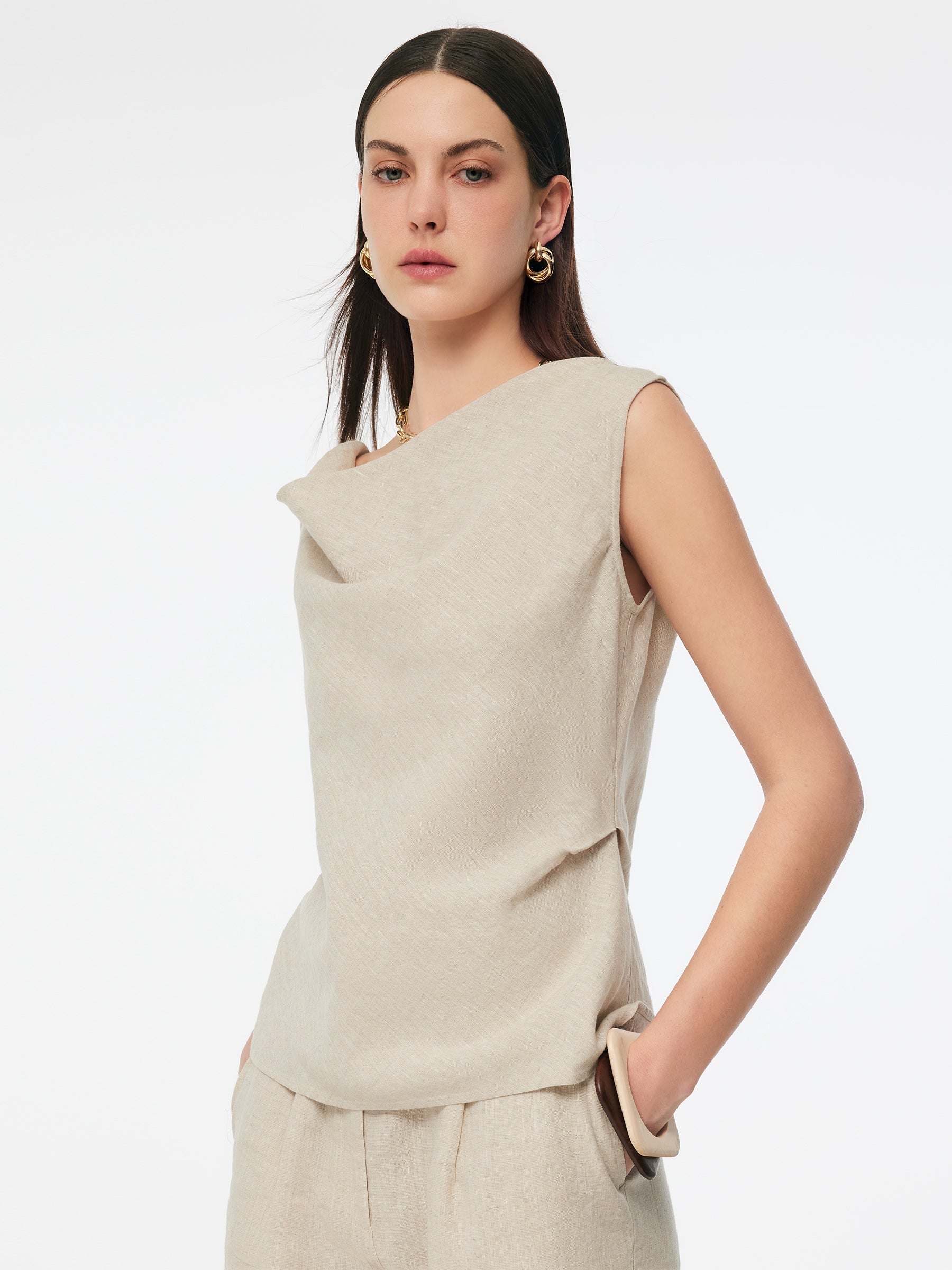 100% Linen Cowl Neck Women Tank Top