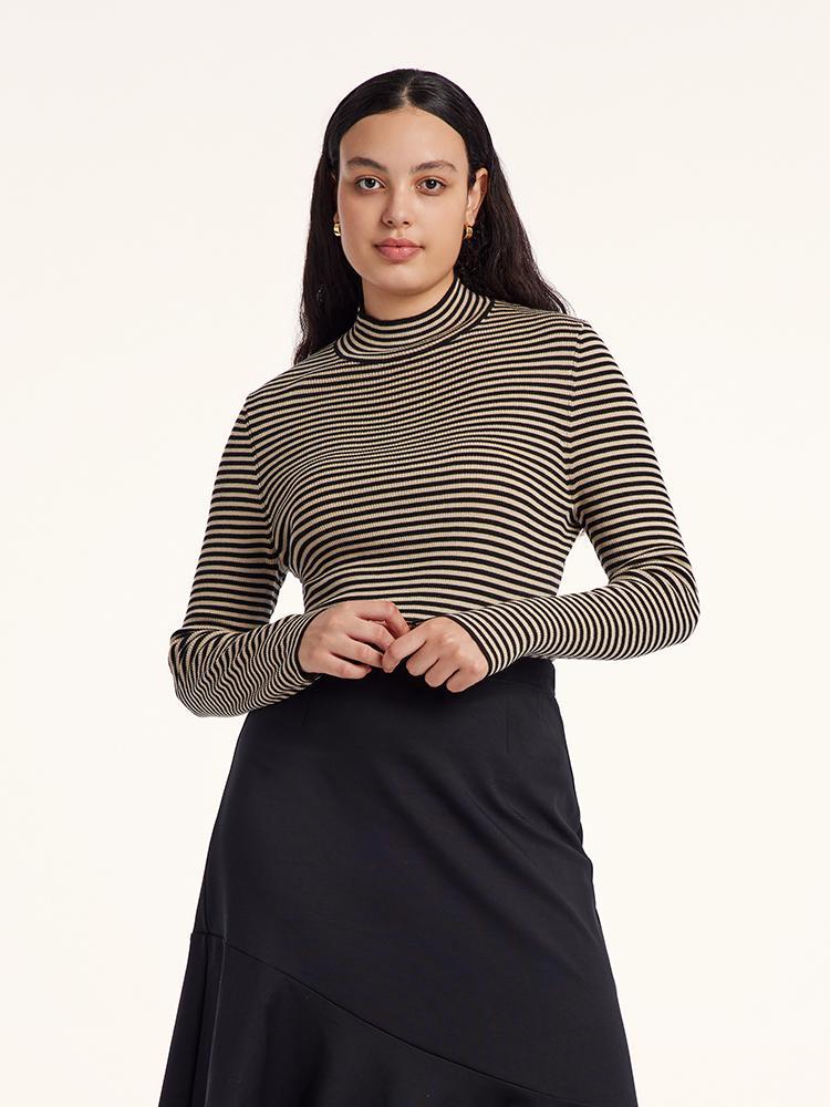 Woolen Stripe Mock Neck Women Sweater