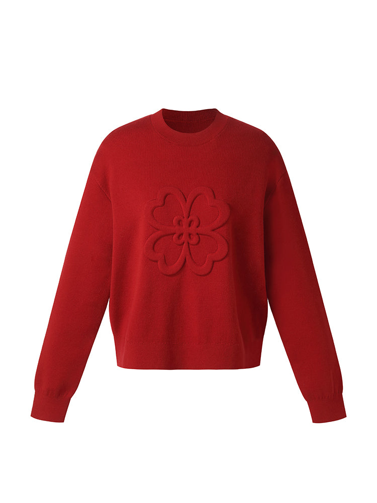 Tencel Wool Blend Four-Leaf Clover Embossed Women Sweater