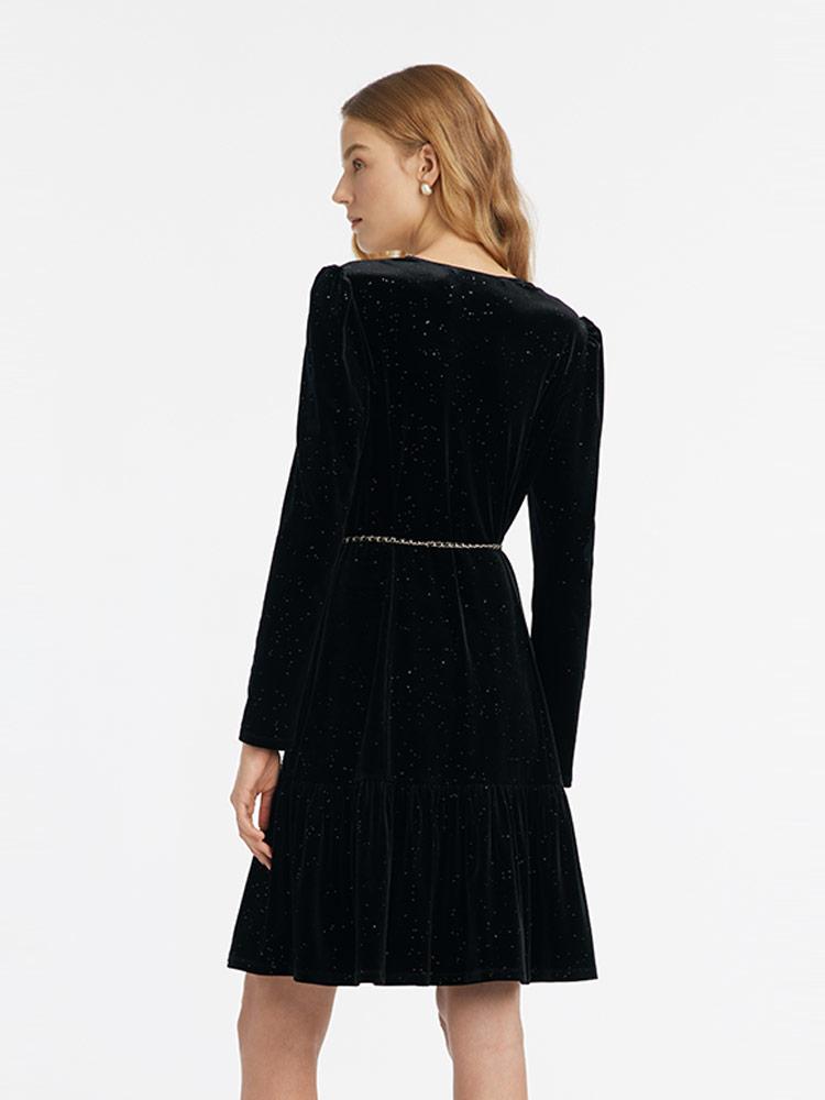 Velvet V-Neck Women Dress With Chain Belt