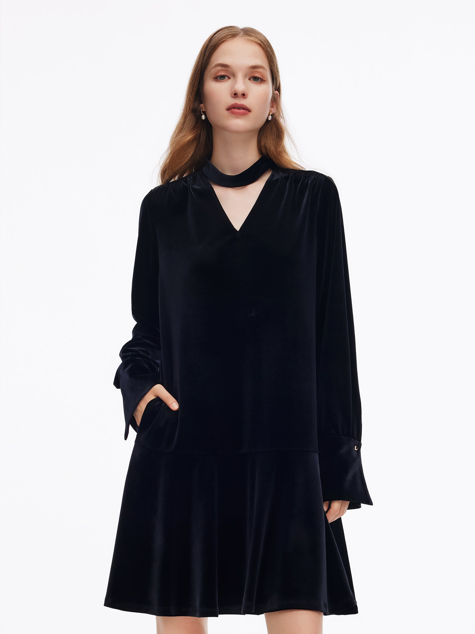 Velvet Ribbon V-Neck Ruffle Hem Women Mini Dress