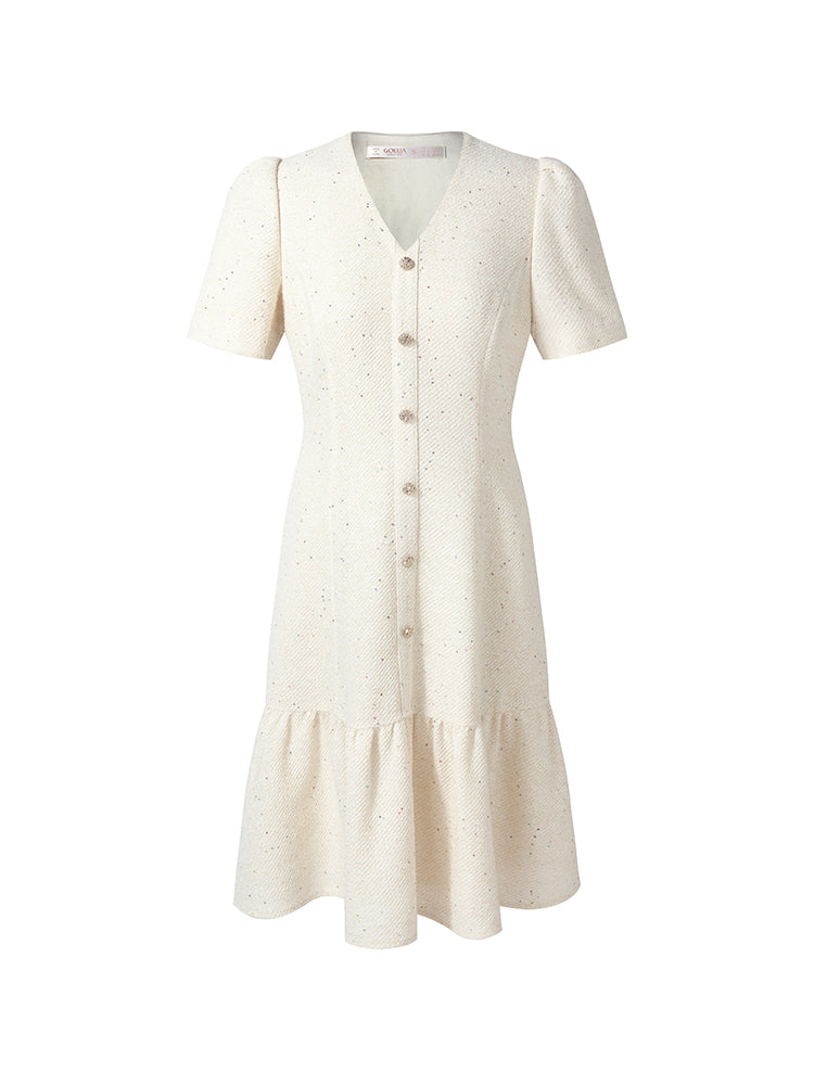 Tweed Sequins V-Neck Ruffle Hem Women Mini Dress