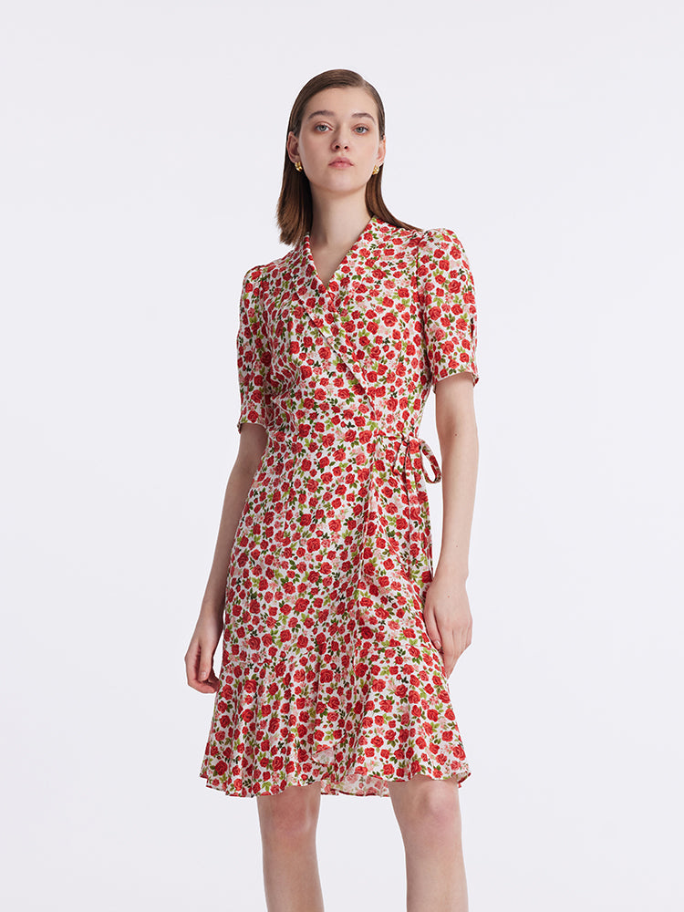 Rose Print Wrapped Ruffle Women Mini Dress