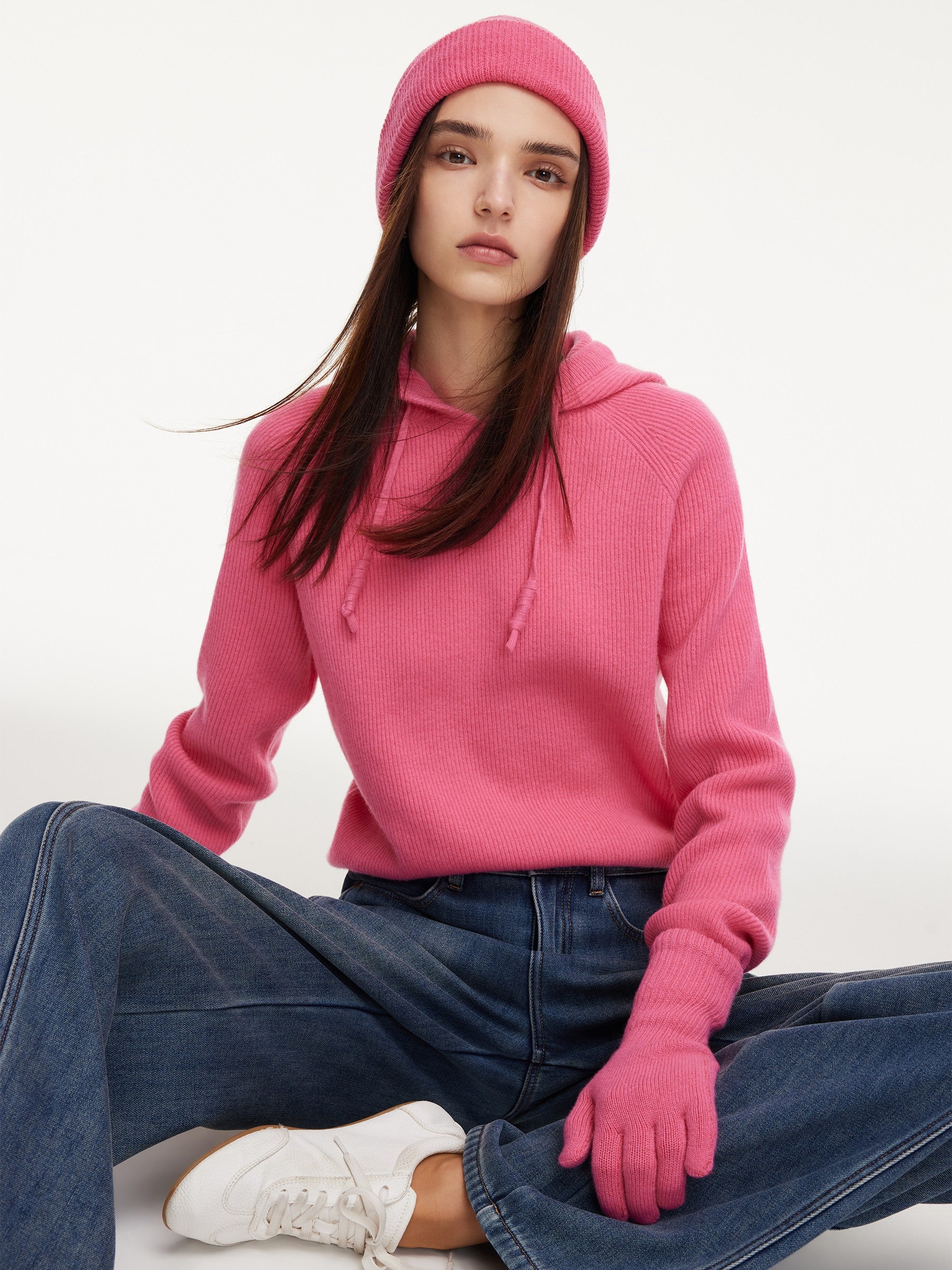 100% Wool Straight Cut Women Knit Hoodie