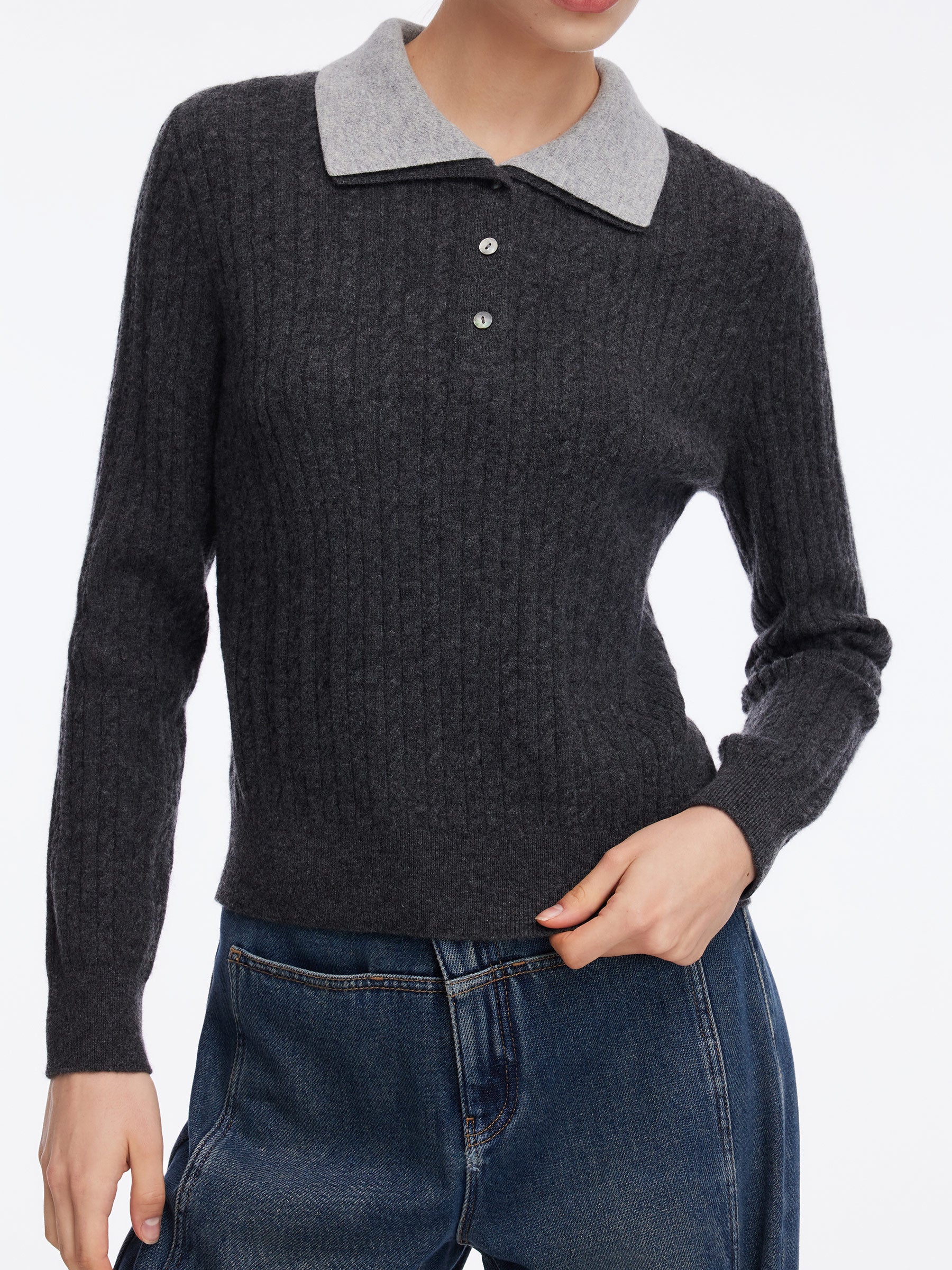 100% Wool Faux Two-Piece Lapel Women Knit Top