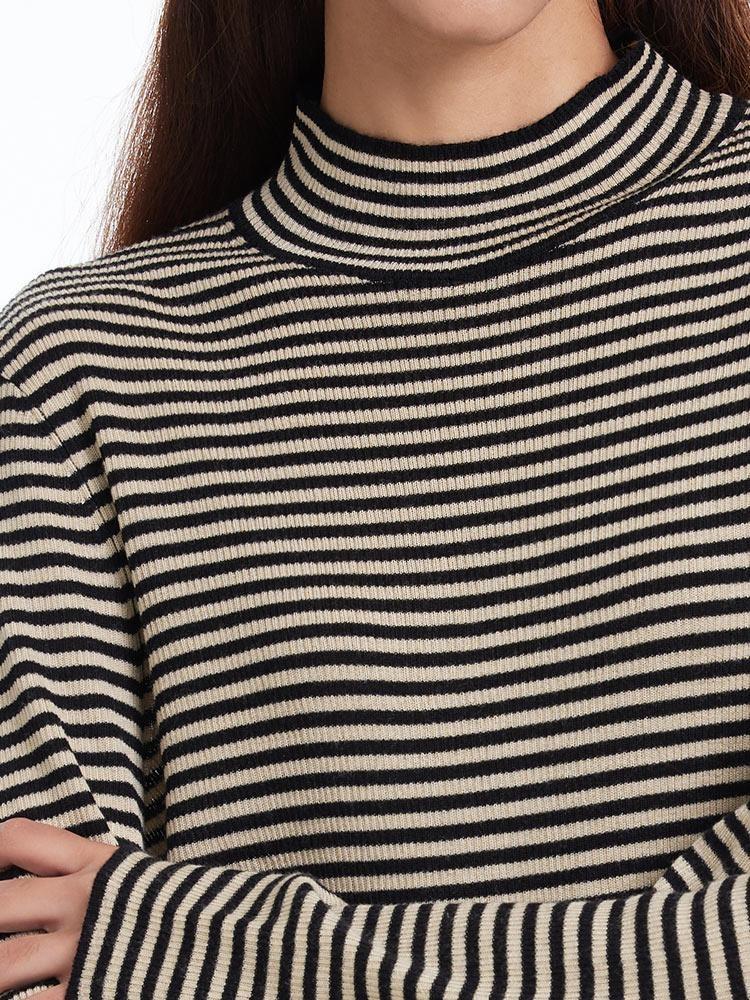 Woolen Stripe Mock Neck Women Sweater