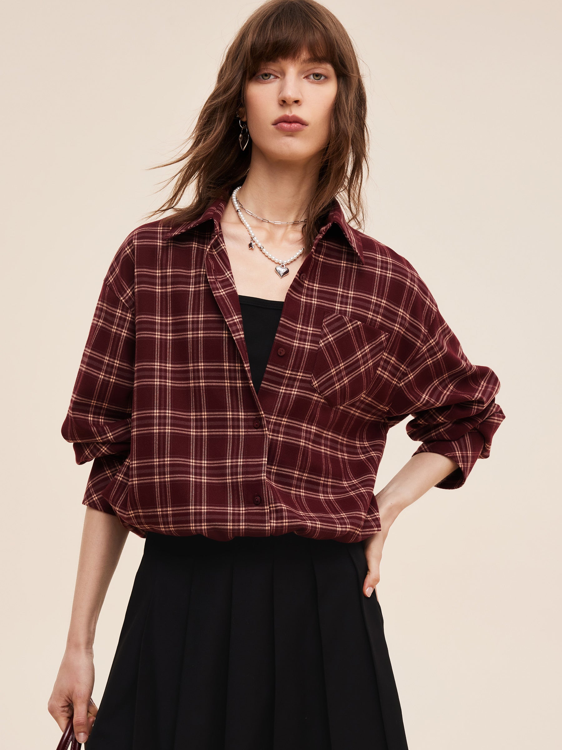 Mock Layered Plaid Women Long Sleeve Shirt