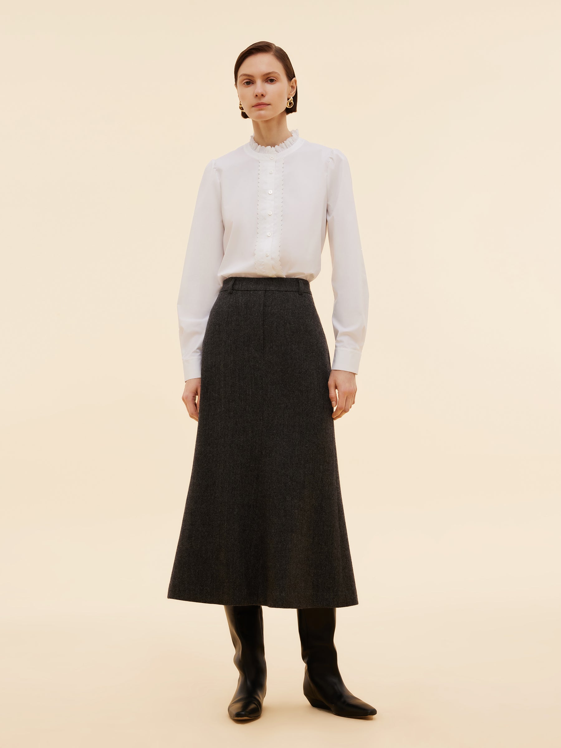 Ruffle Collar Embroidered Placket Women Shirt