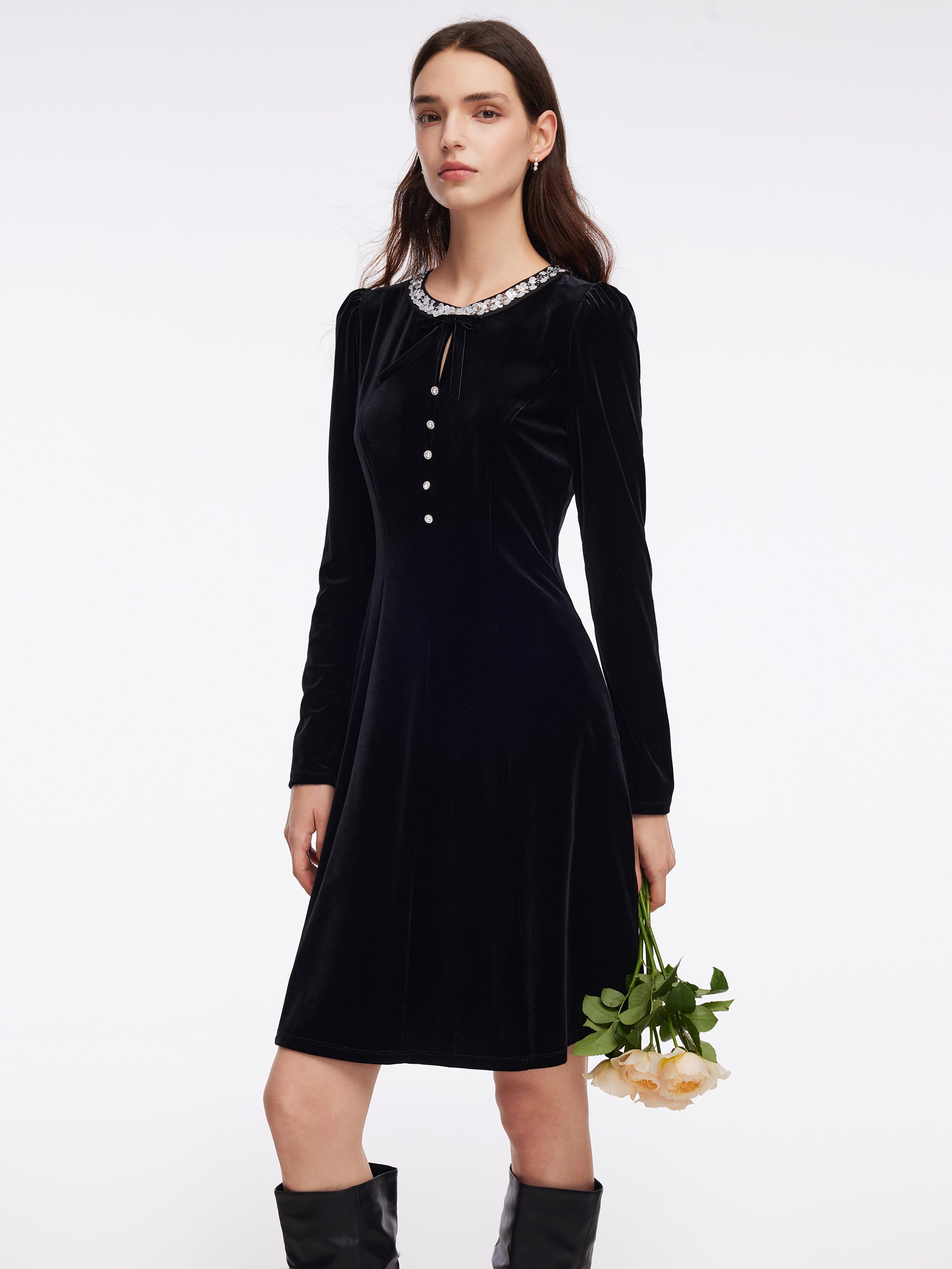 Velvet Sequined Round Neck Women Mini Dress