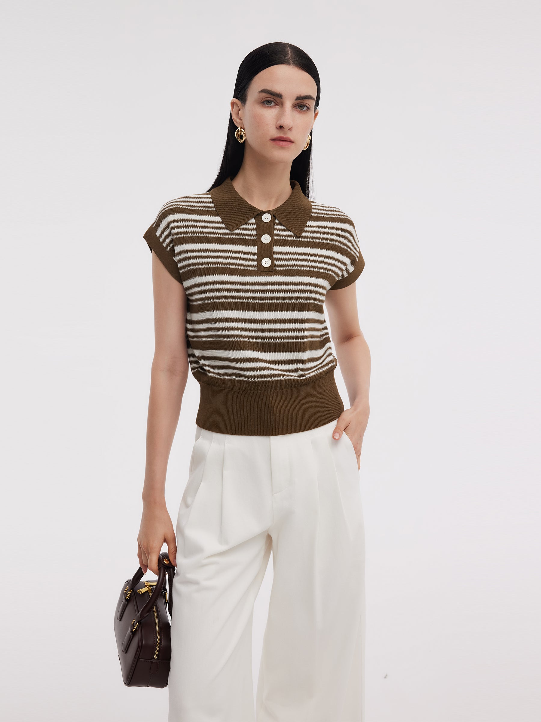 Tencel Blend Polo Collar Stripe Women Cap Sleeve Knit Tank Top