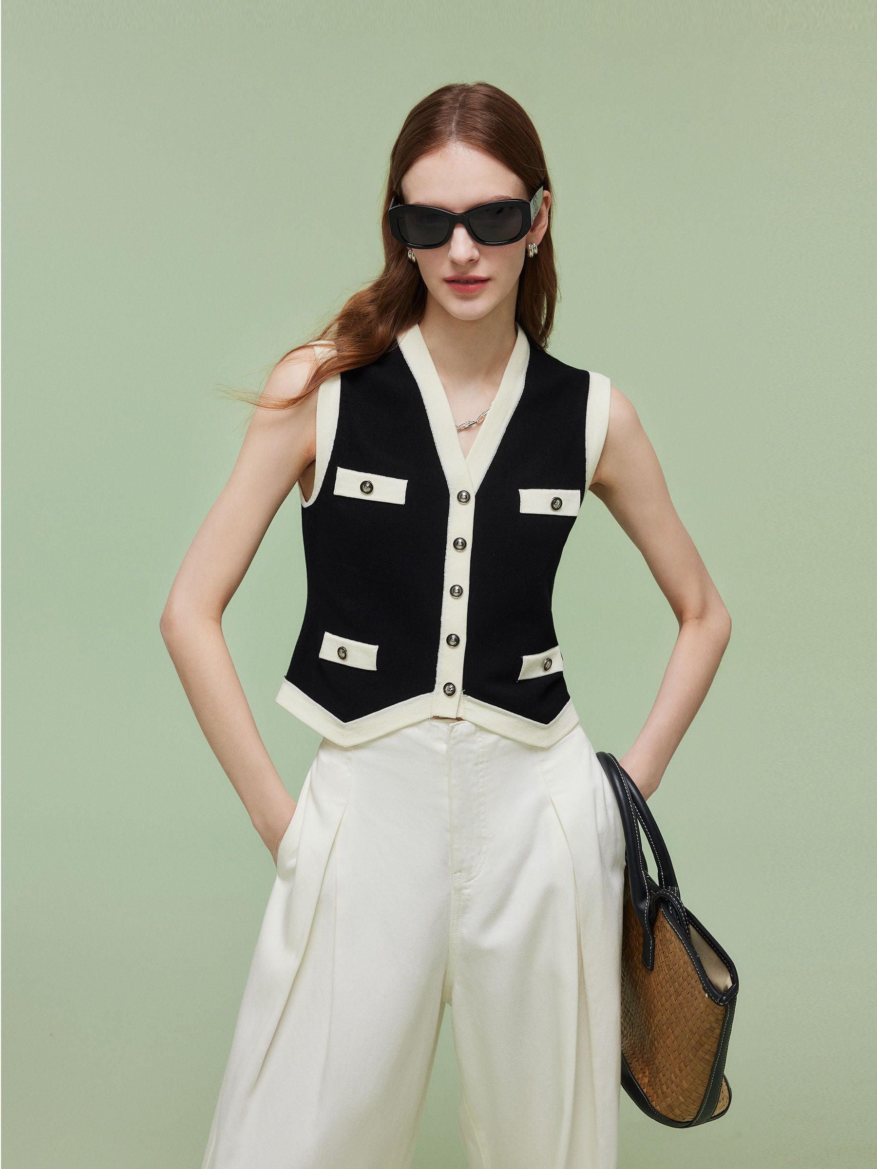 Tencel Blend Contrast Trim Women Knit Vest