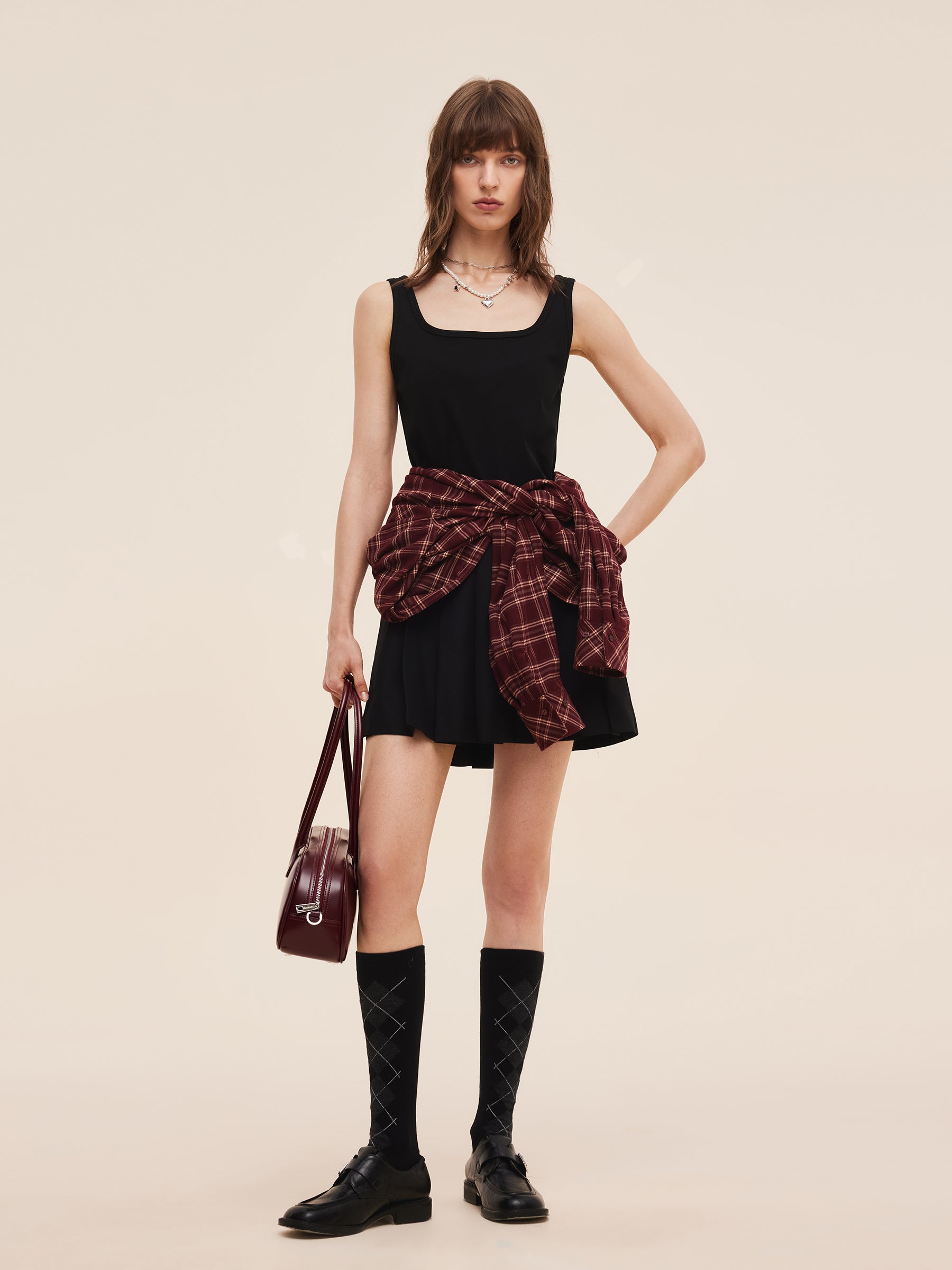 Mock Layered Plaid Women Long Sleeve Shirt