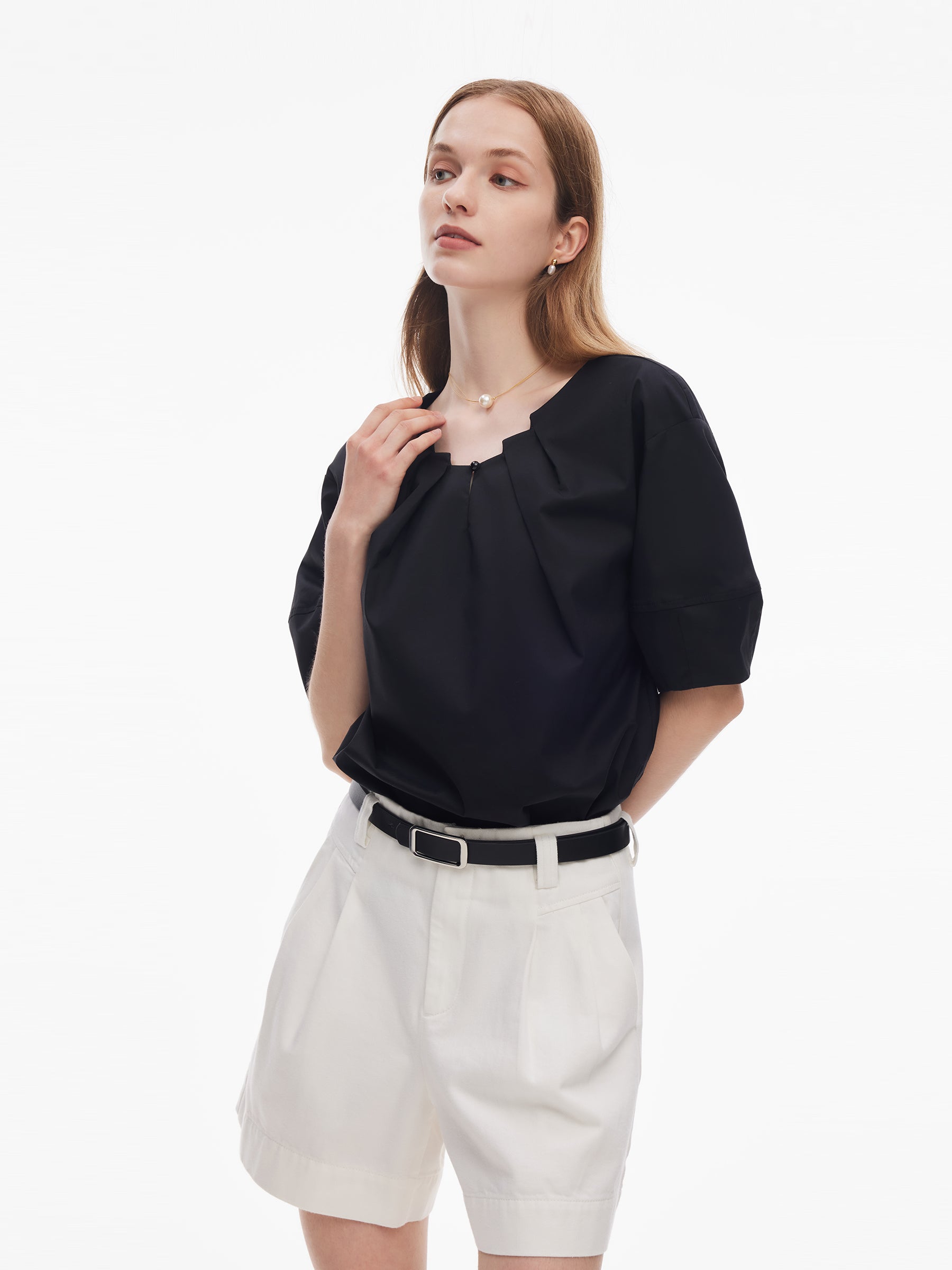 Pleated Neck Women Side Slit Top