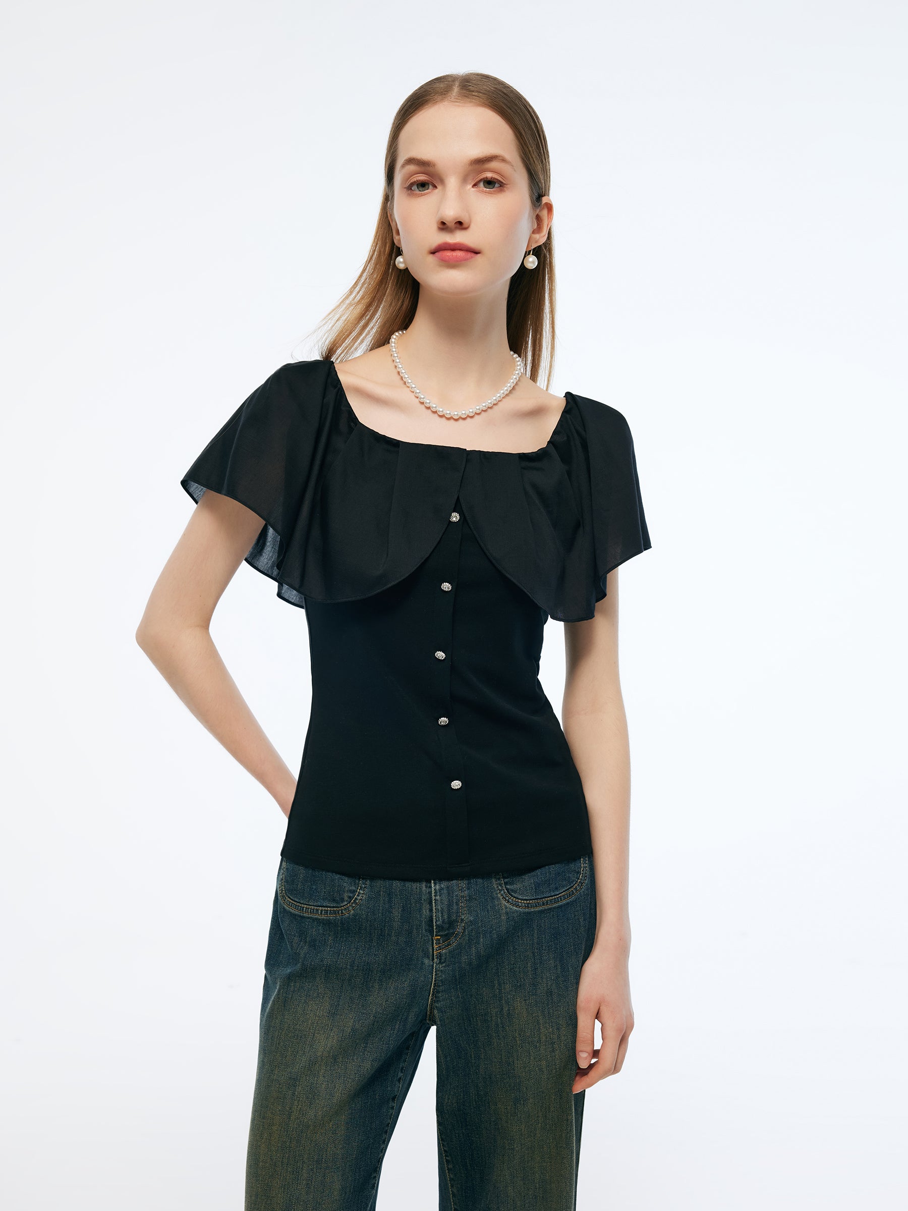Tencel Blend Convertible Neckline Women Ruffled Top