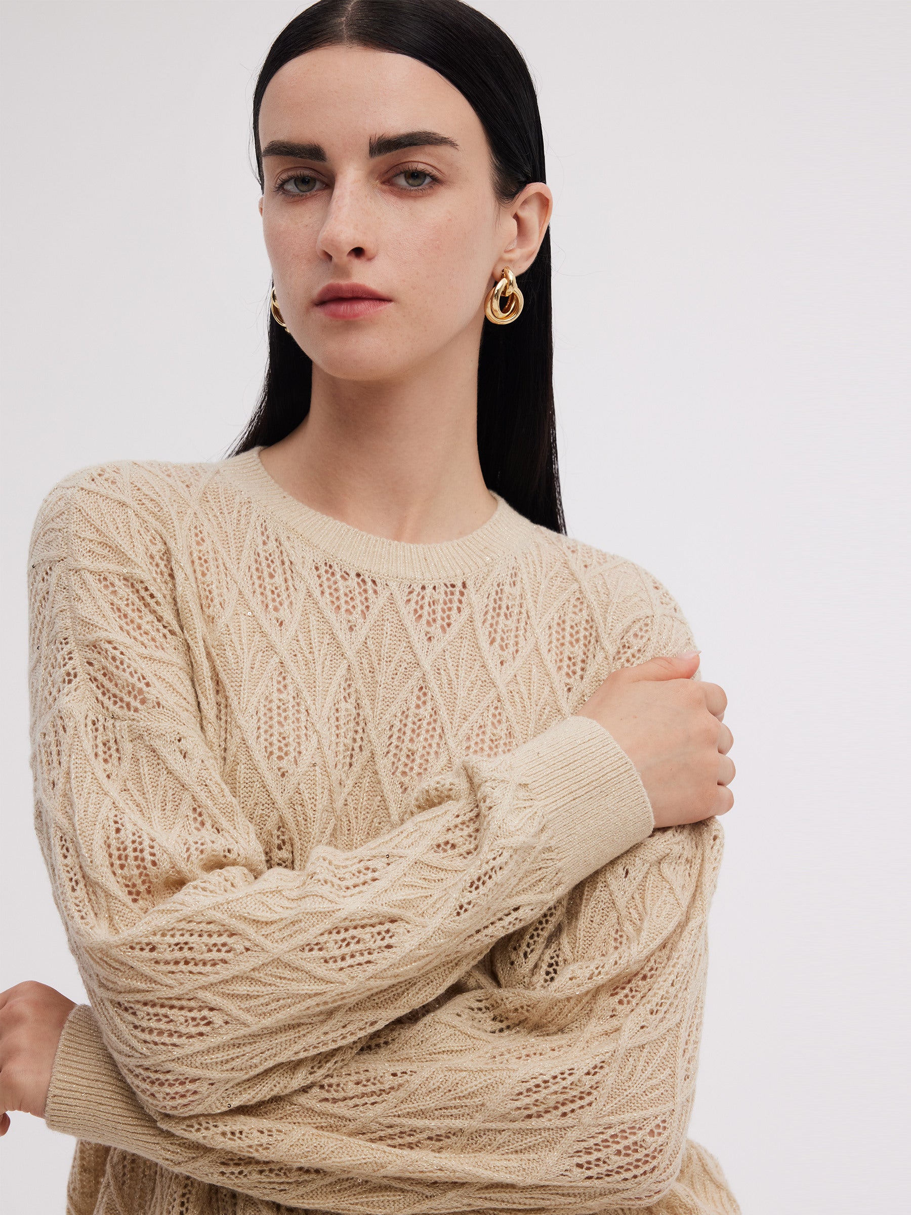 Wool Blend Sequins Women Openwork Sweater