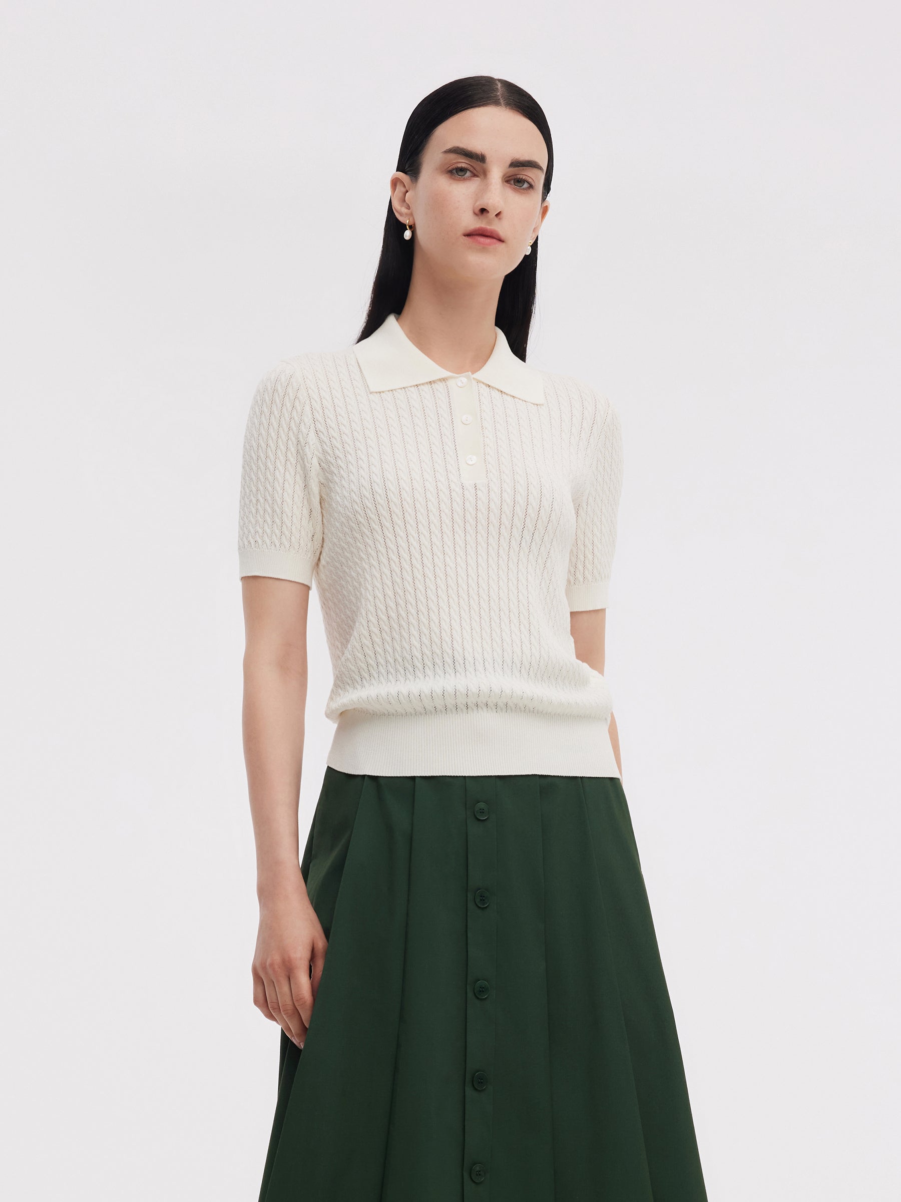 Tencel Blend Openwork Women Knit Polo Top