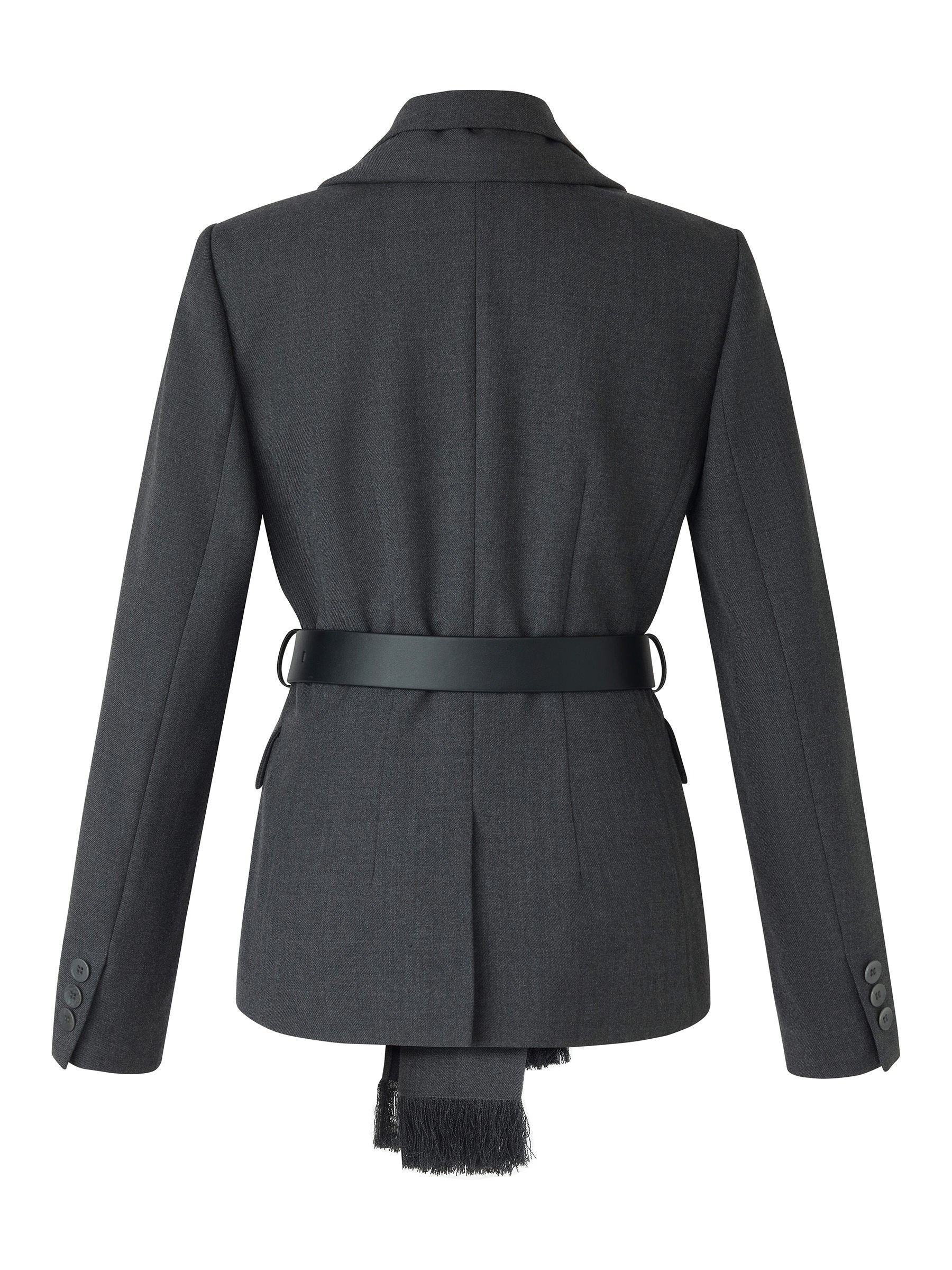 Worsted Wool Blend Women Blazer With Fringe Scarf And Belt