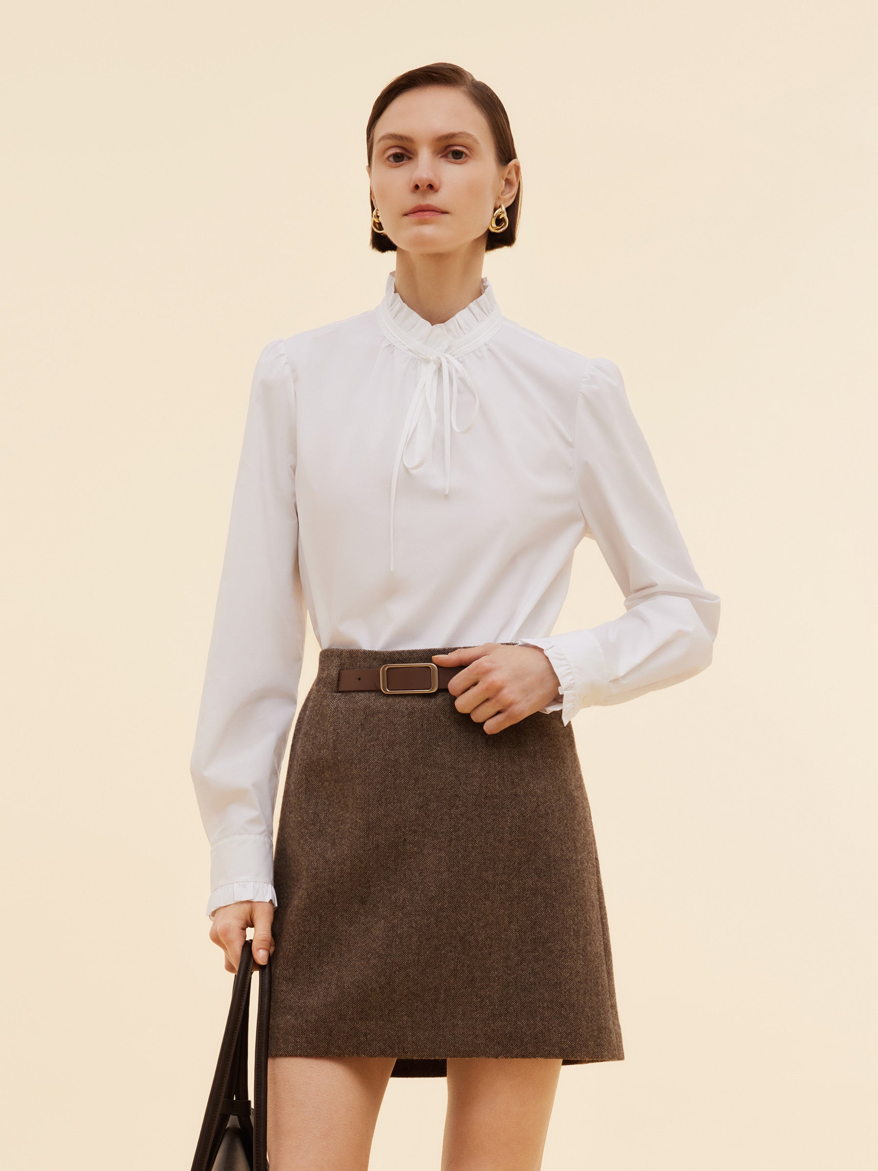 Ruffle Neckline Women Puff Long Sleeve Blouse