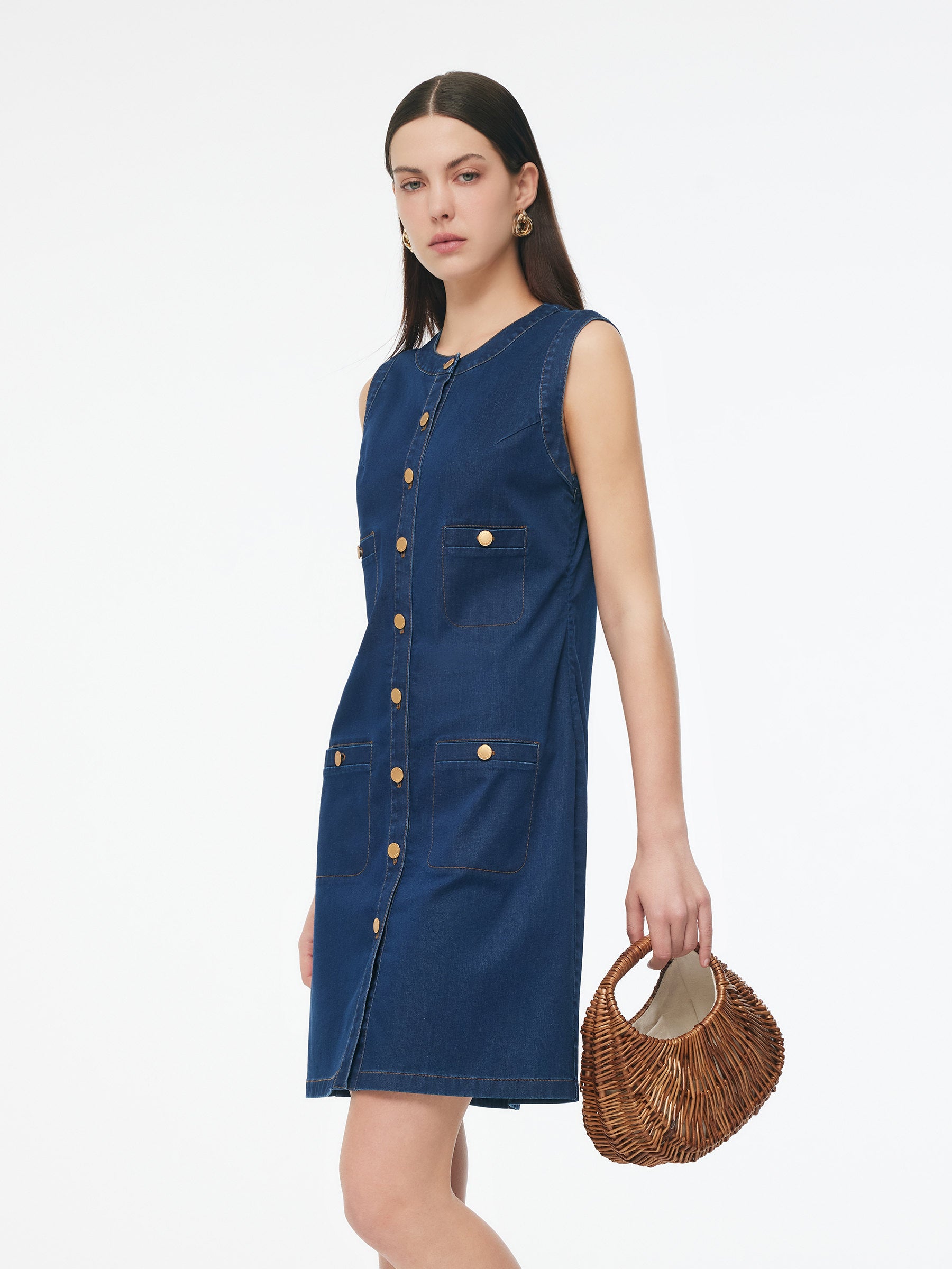 Denim Stretch Front Button Women Mini Dress