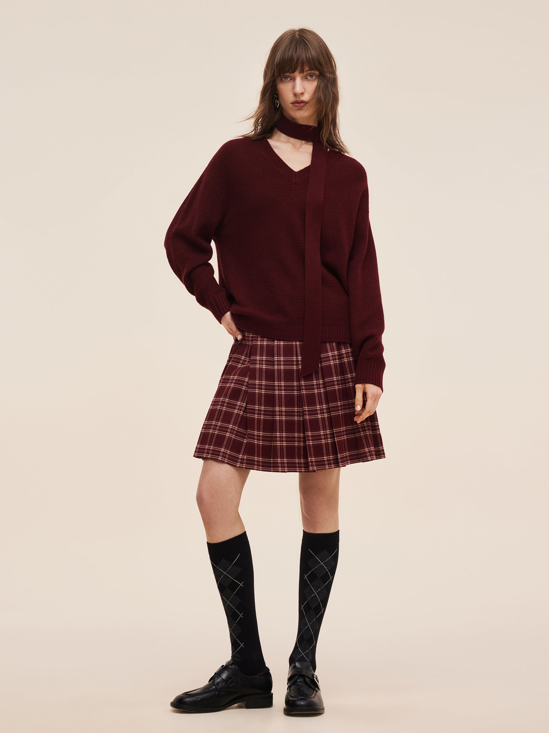 Wool Blend Women V-Neck Knit Top With Ribbon