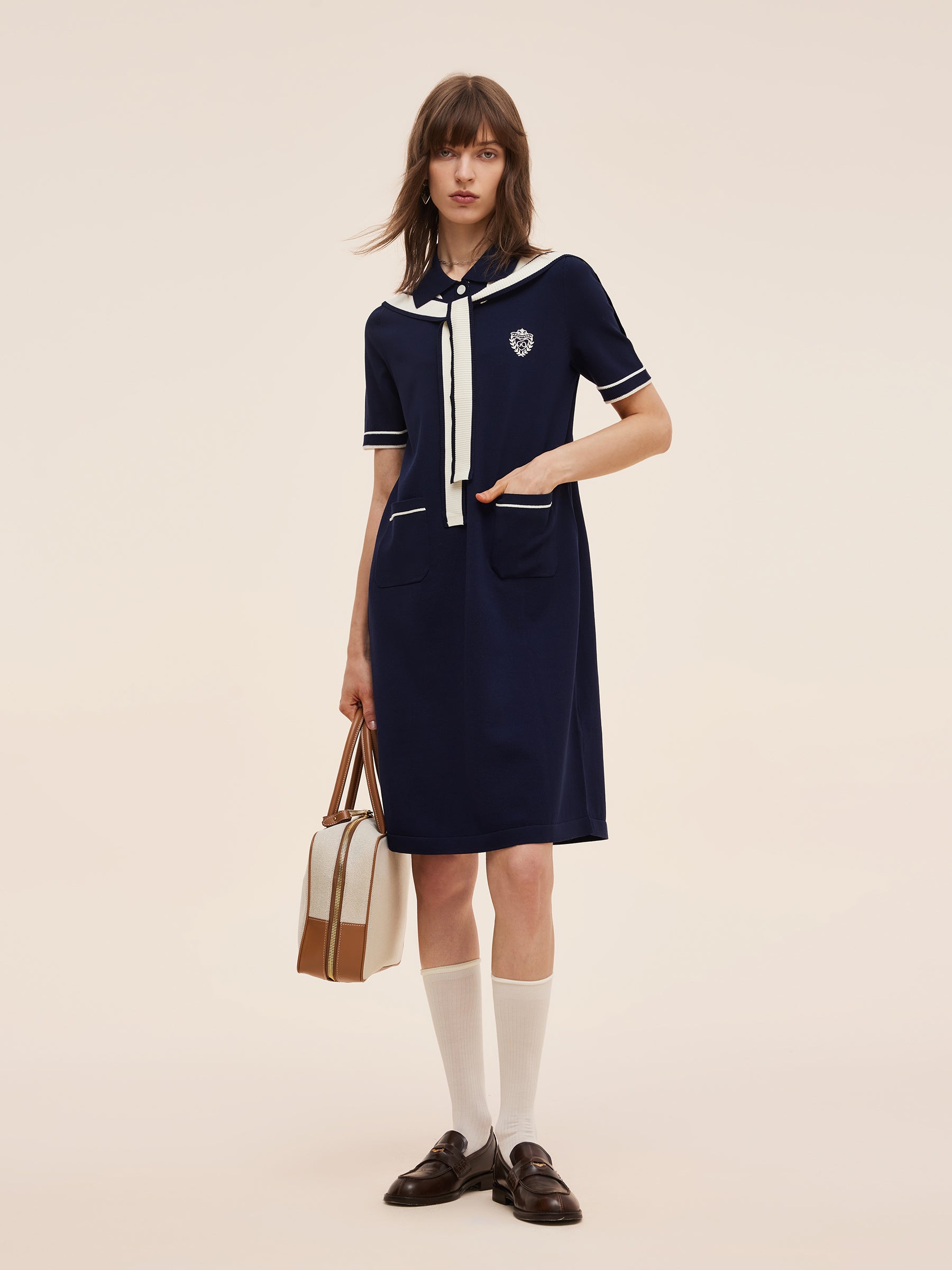 Tencel Blend Women Knit Mini Dress With Detachable Sailor Collar