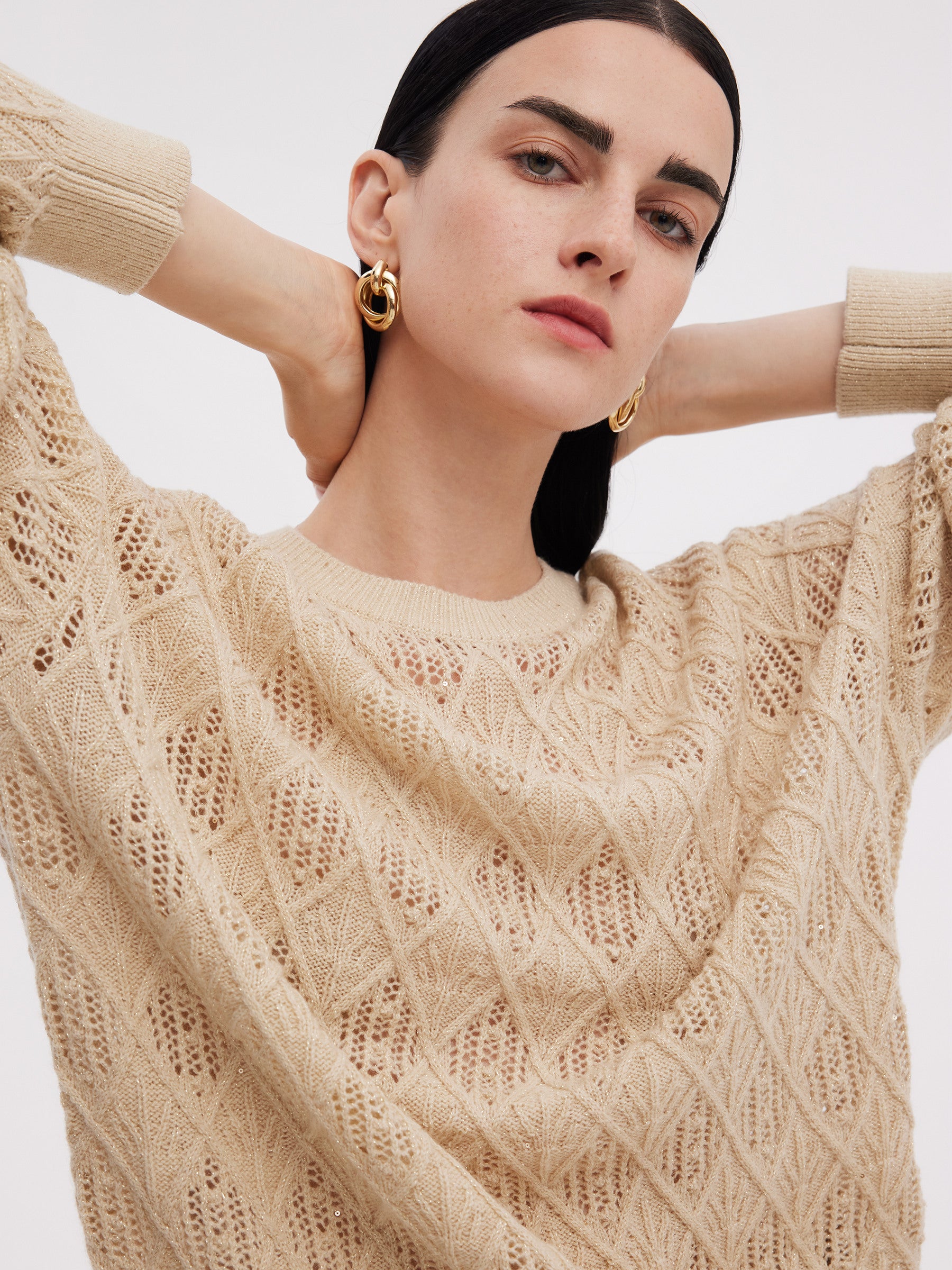 Wool Blend Sequins Women Openwork Sweater